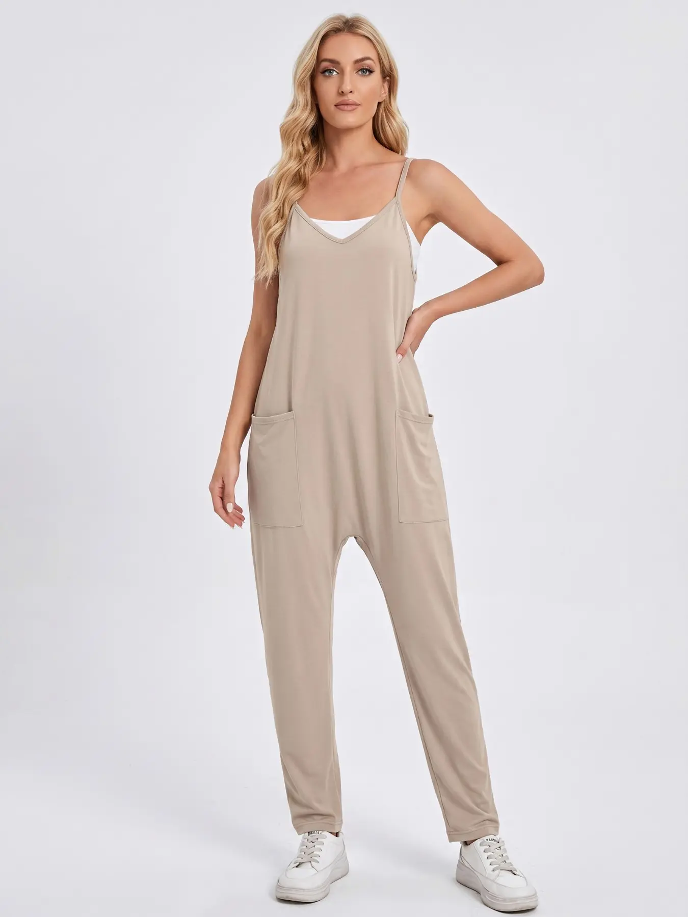 Women's Slouchy Solid Color Thin Strap Side Pocket Baggy Casual Jumpsuit, Simple Style Loose Lightweight Stretch Wide Leg Outfits