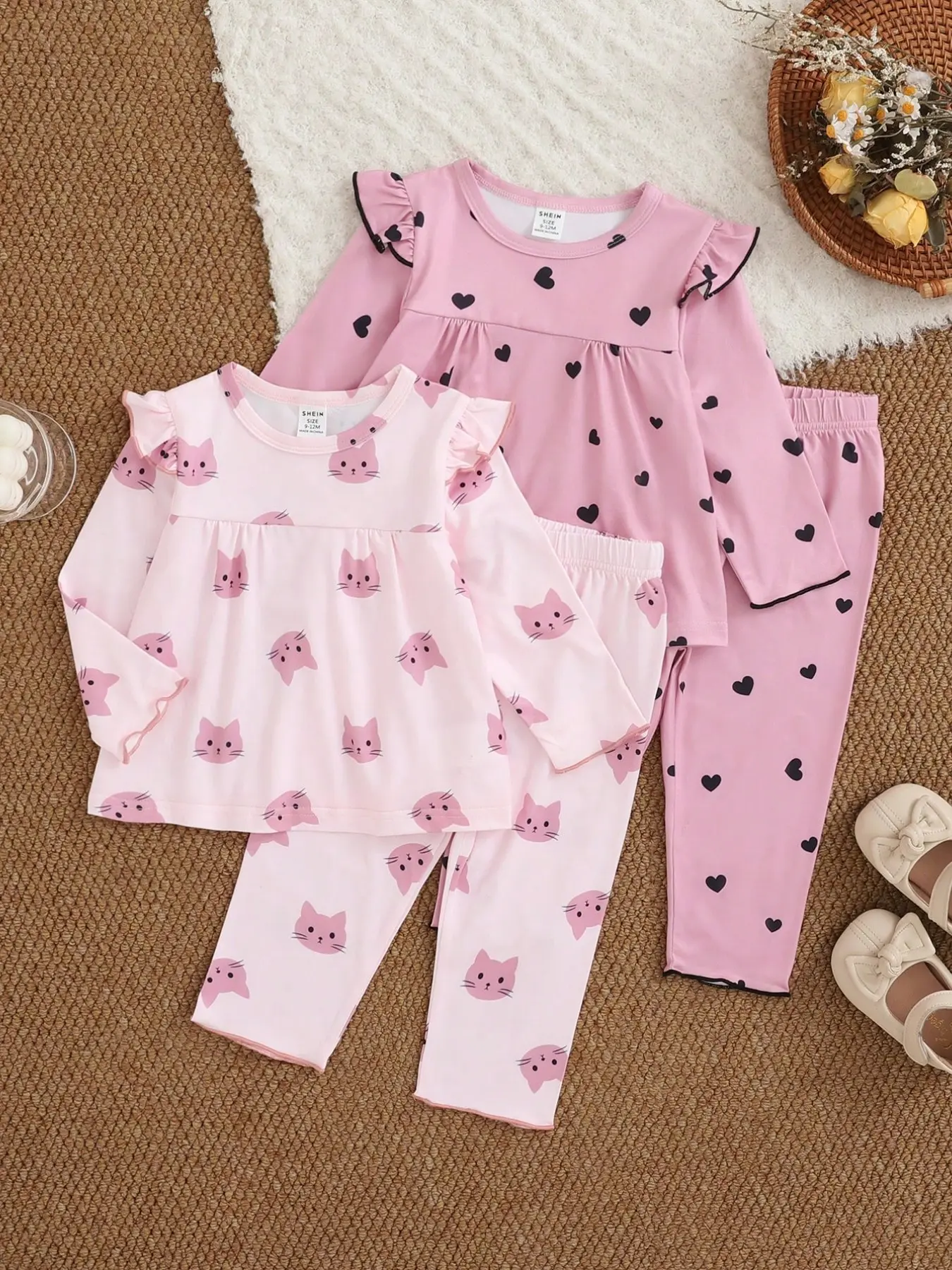 Two Sets Baby Girl Floral Cat Long Sleeve Pajamas, Infant Sleepwear, Heart Pattern Sleepwear, Princess Style Flutter Sleeves, Soft Air Conditioning Wear, Home & Sleepwear Outfits
