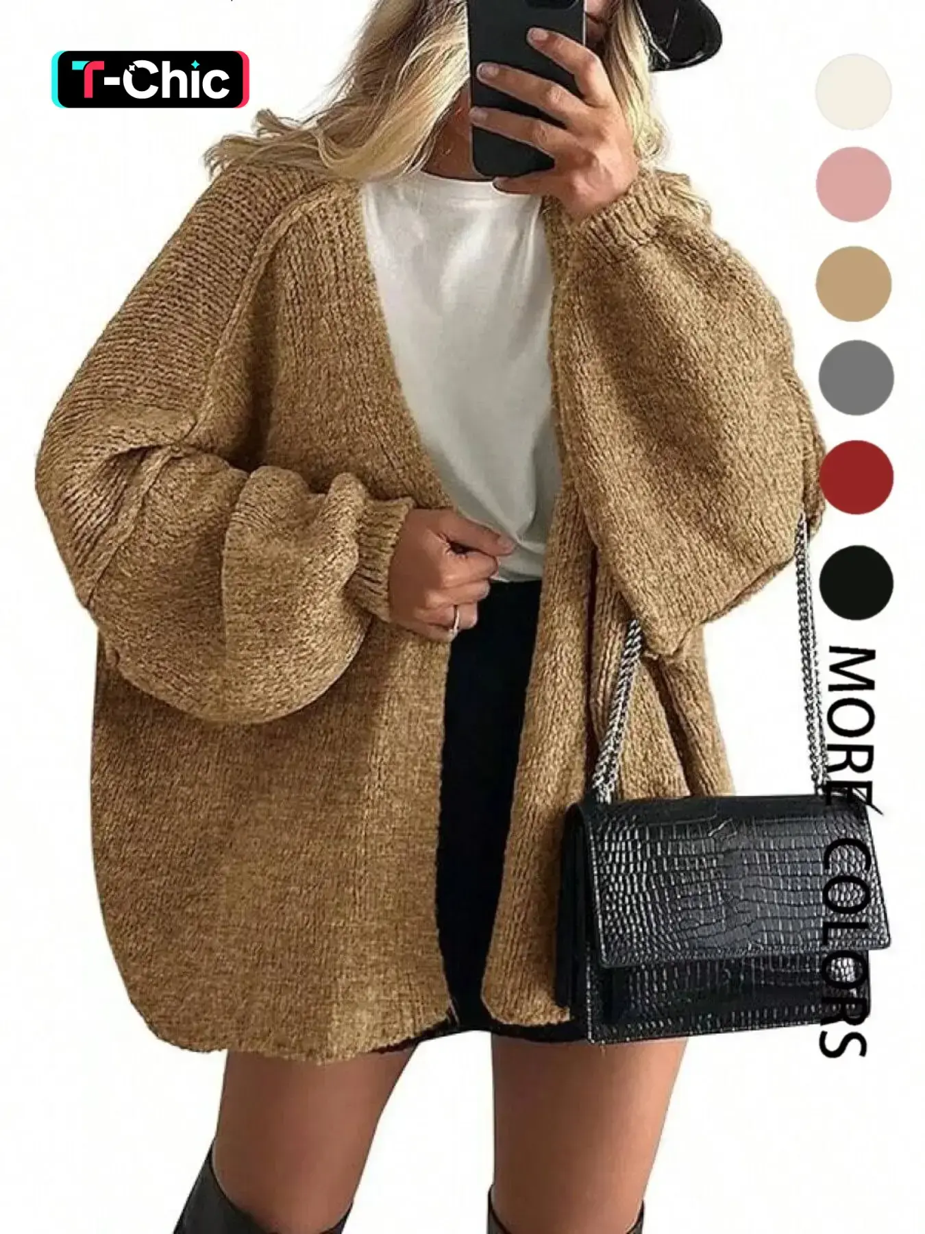 Oversized Cardigan Sweaters New Fashion Loose Casual Knit Cardigan Sweater Coat, Lantern Sleeve Lazy Style Versatile Solid Color Soft Comfortable Long Sleeve Top, Knitwear