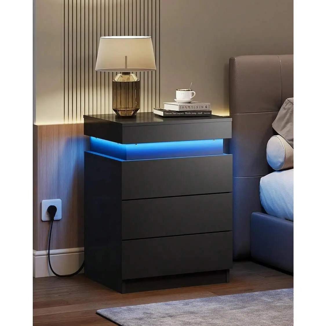 Modern Nightstand With Charging Station & LED Lights, 3-Drawer Bedside End Table With Sliding Top & Hidden Storage, For Bedroom Living Room, Space-Saving Accent Furniture