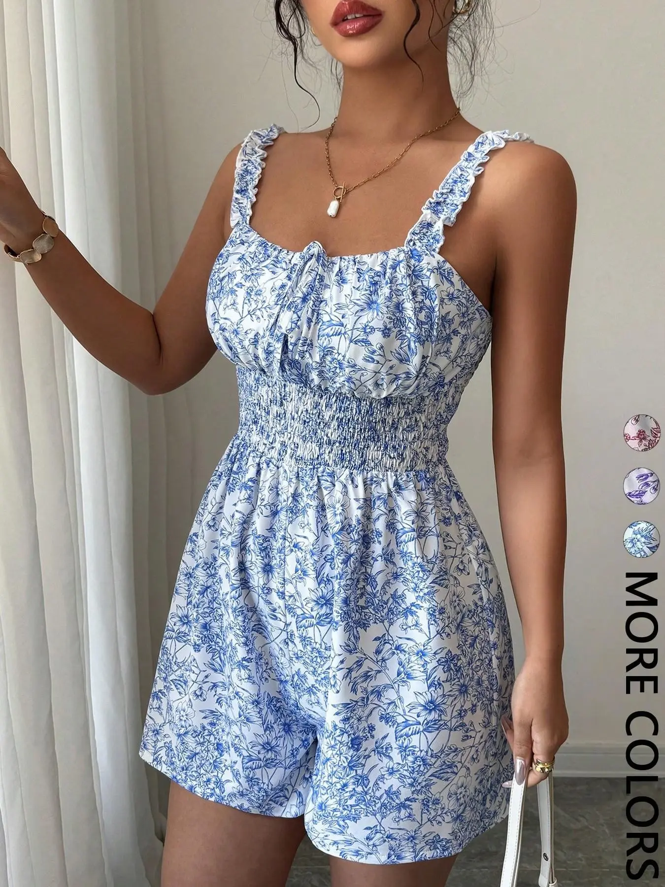Women's Floral Print Romper, Print Jumpsuit, Square Neck, Ruffled Shoulder Straps, Front Tie Detail, Smocked Waist, Wide Leg Shorts, Lightweight Breathable Woven Fabric, Daily Summer Casual Wear, French Romantic Sweet Style