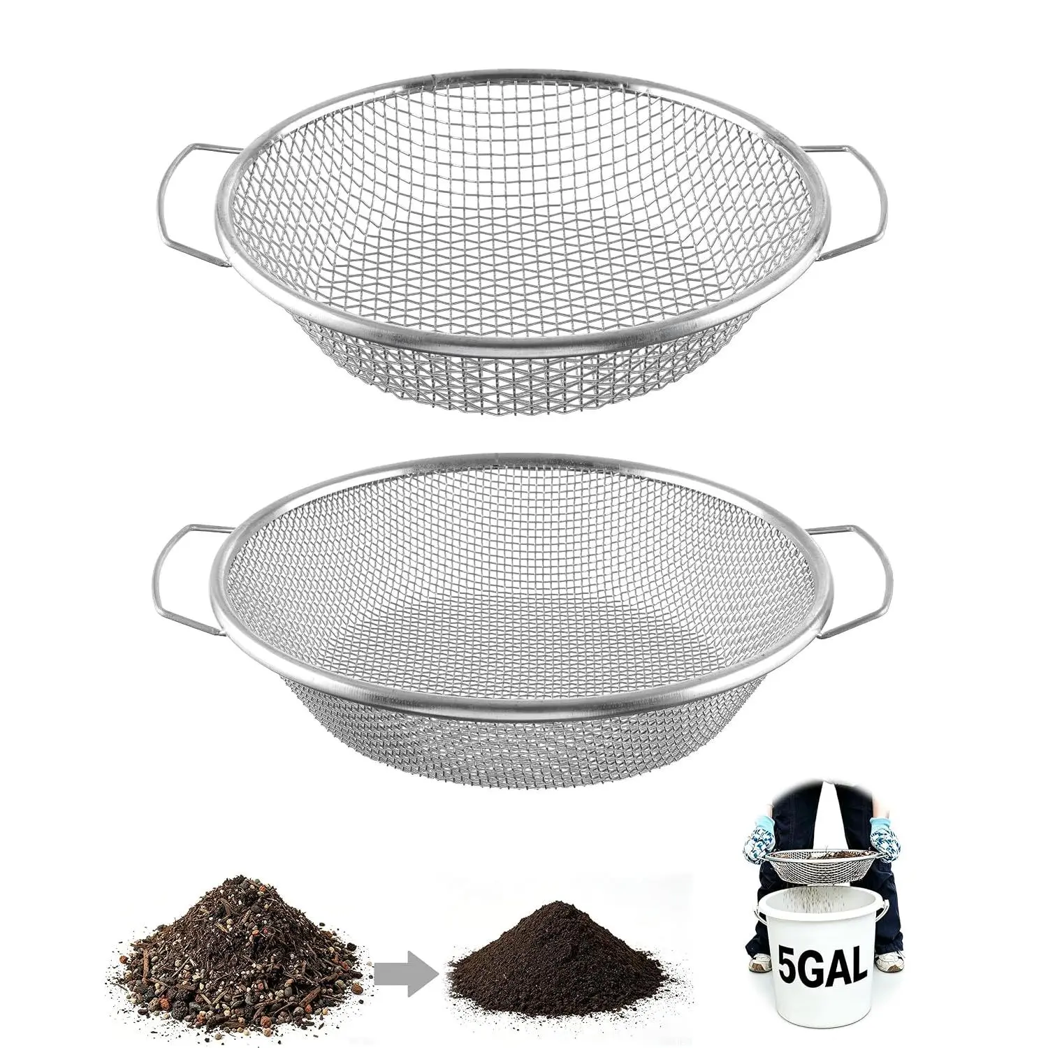 2Pcs Stainless Steel Soil Sifter with Handle - 1/4in & 1/8in Mesh Rock Sifter for 5 Gal Bucket, Garden Sieve for Compost, Gravel, Vermicompost (Kitchen Fixture Accessory)