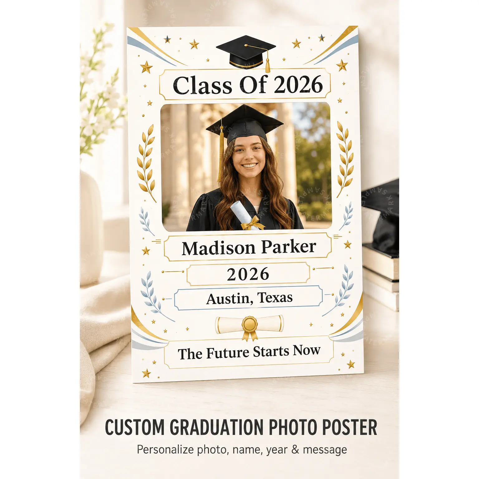 Custom Graduation Photo Poster - Personalized Class of 2026 Artistic Print, Gold-Blue Diploma Cap Artwork, Senior Event Decoration, Bedroom Wall Decor Gift for Home Supplies