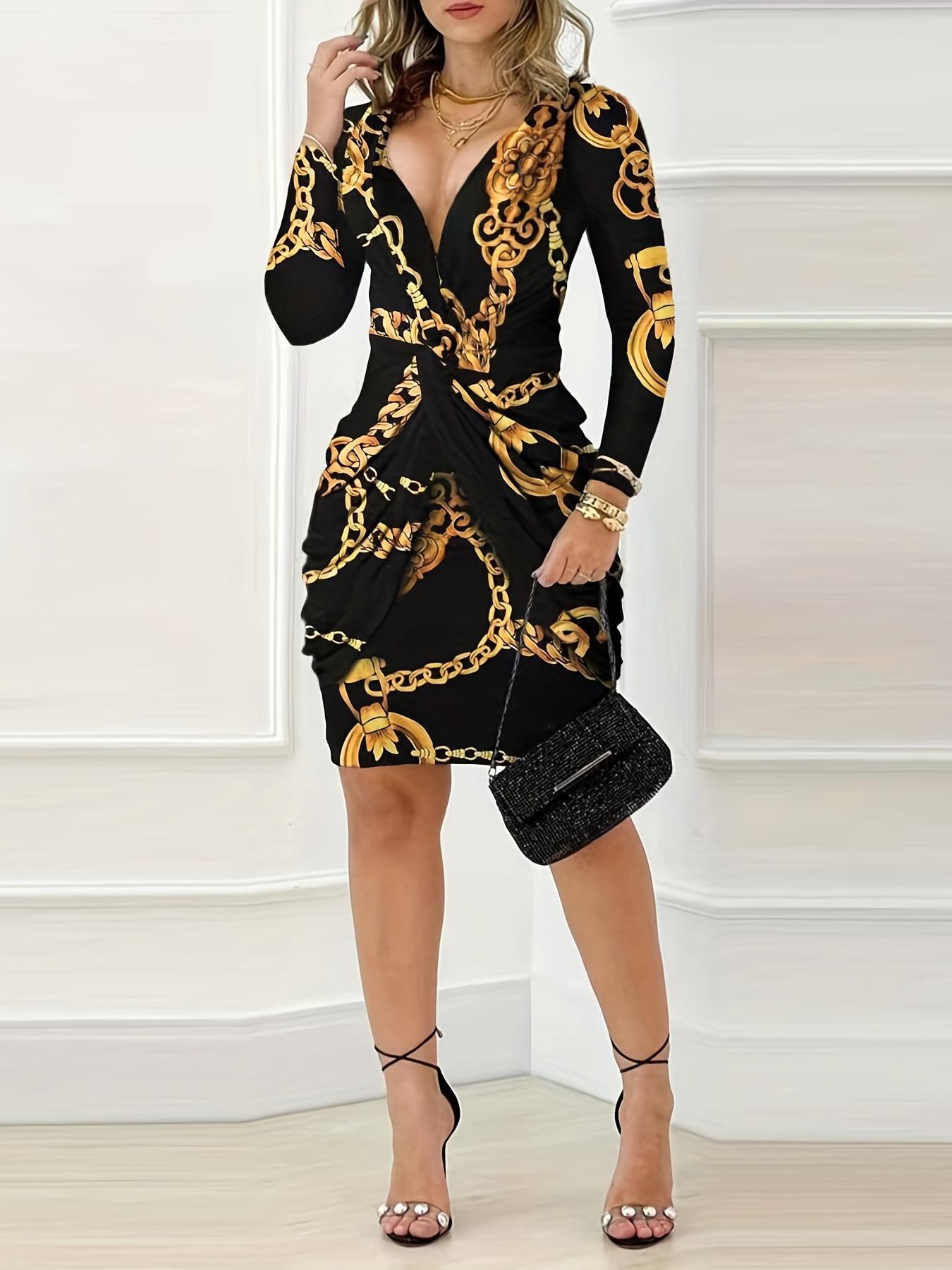 Women's Chic Chain Print Twist Ruched Bodycon Dress, Elegant Fashion Formal Longsleeves V Neck Short Dress for Party, Homecoming Dresses, Dresses for Women, Women Dress for Spring Fall, Vintage Girly Clothes, Evening Party Dresses, Womenswear