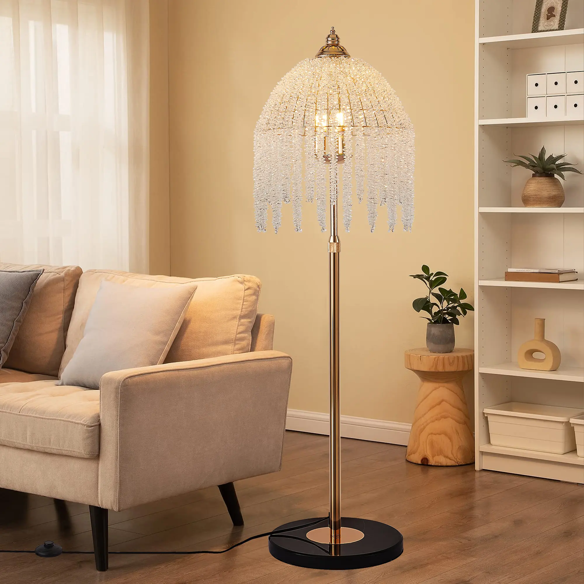 3-Light Crystal Floor Lamp, Vintage Waterfall Beaded Shade with Marble Base, Luxury Glam Standing Lamp for Bedroom, Living Room & Home Decor (Bulbs Not Included)