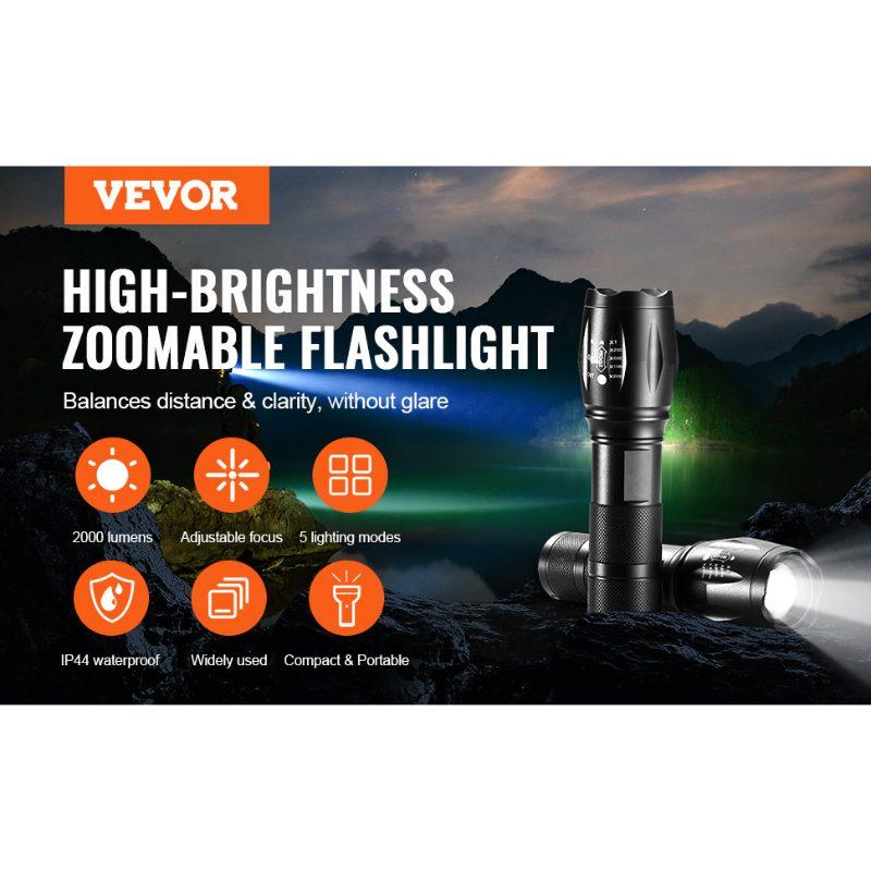VEVOR 2 Pack Flashlights Torch, 2000 High Lumens 5 Modes Adjustable Focus Flashlight, IP44 LED Waterproof Handheld Flashlight for Camping Cycling Hiking Fishing Emergency