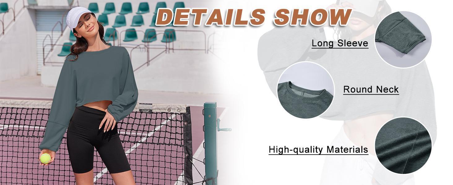 Fashare Womens Long Ballon Sleeve Sweatshirts Tops Cropped Crew Neck Loose Fit Casual Workout Shirts