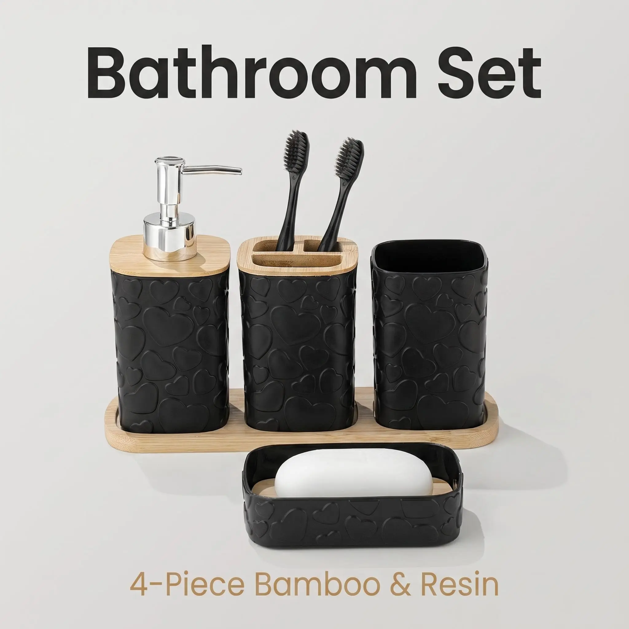 5-Piece Heart Pattern Bathroom Accessory Set, Matte Resin Storage Kit with Bamboo Base, Includes Soap Dispenser, Toothbrush Holder, Mouthwash Cup, Soap Dish, Tray