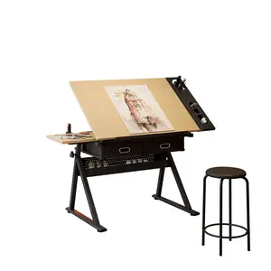 Height Adjustable Drawing Table, Tilted Tabletop Drafting Table Art Desk Art Tables with 2 Storage Drawers and Stool, Drawing Desk for Artist Painters Drawing, Crafting, Reading, Writing
