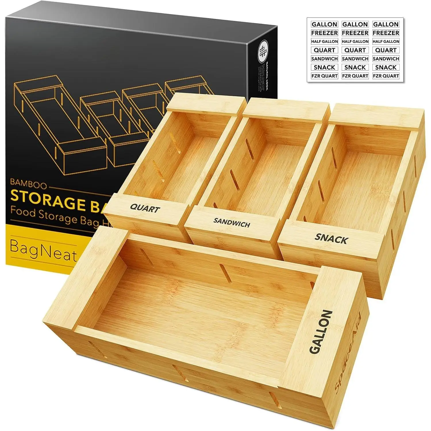 Bag Storage Organizer for Kitchen Drawer,  Organizer, Compatible with Gallon, Quart, Sandwich and Snack Variety Size Bag (4 Pack)