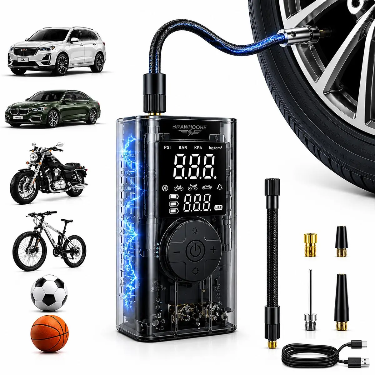 Wireless portable tire inflator pump, digital tire pressure gauge, automatic shut-off, car emergency air compressor, compatible with vehicles, bicycles, sports balls, multiple nozzle accessories + USB charging function