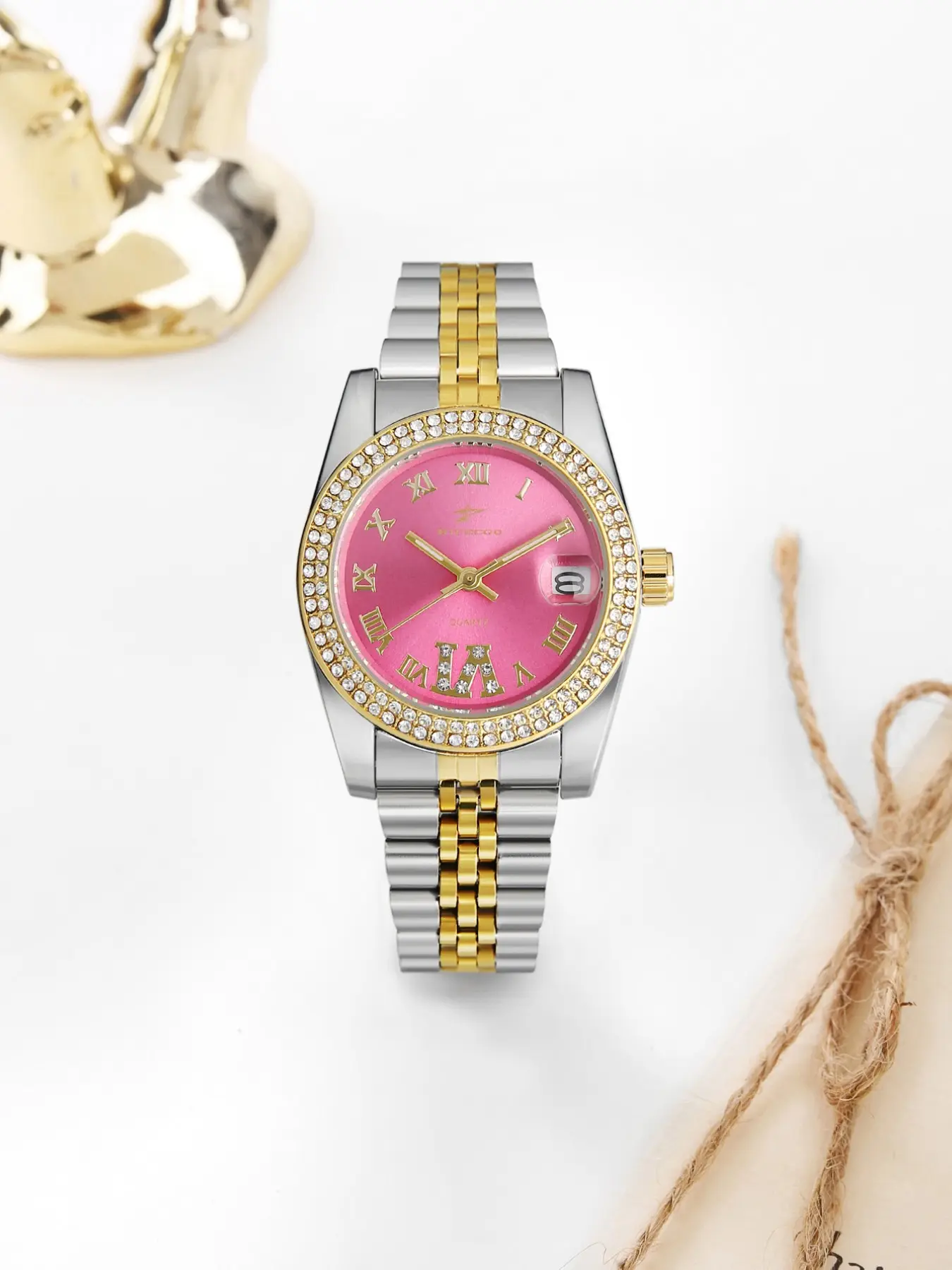 Elegant Women's Luxury Diamond-Embedded Office Watch, Unique High-End Style, Calendar Steel Band, Analog Round Face