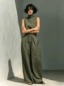 Elegant Solid Color Linen 2 Piece Suit, High Neck Sleeveless Top Paired with Flowy Wide Leg Trousers, Classic Old Money Daily Wear