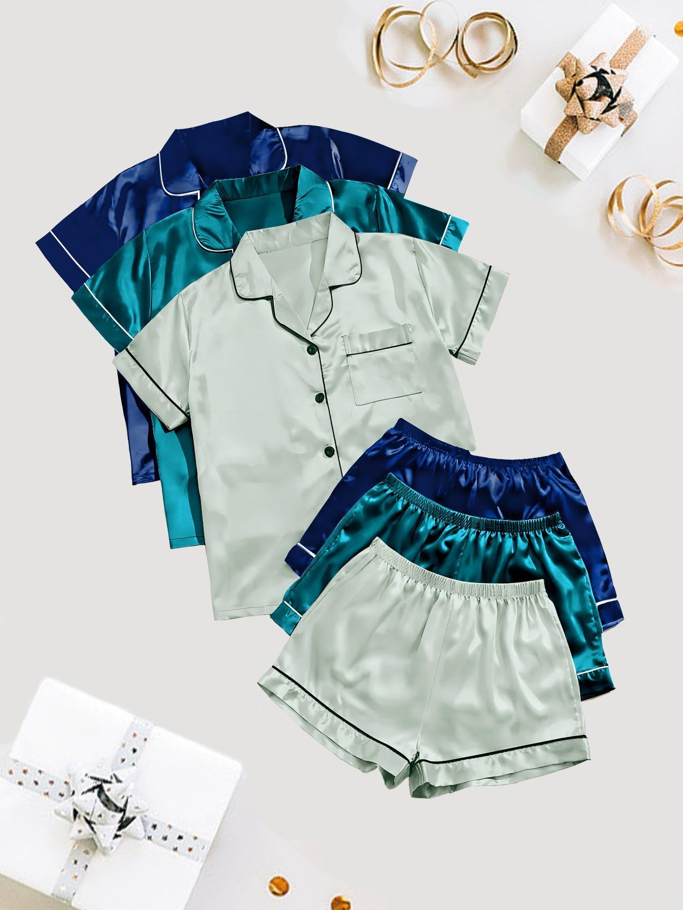 Vista X Women's Solid Satin Pyjama Set, Short Sleeve Button Front Lapel Shirt & Contrast Binding Shorts PJ Set, Summer Sleepwear Set