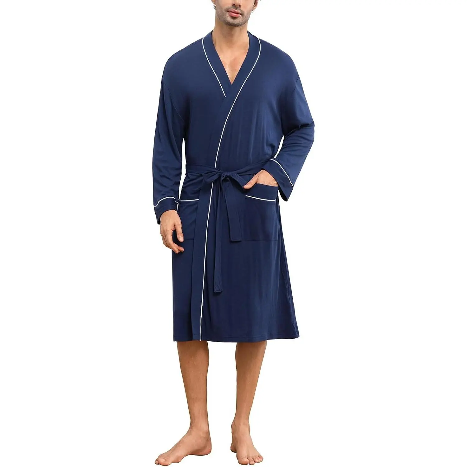 Mens Lightweight Robe Cotton Blend Kimono Bathrobe with Pockets, Soft Breathable Absorbent Loungewear for Home