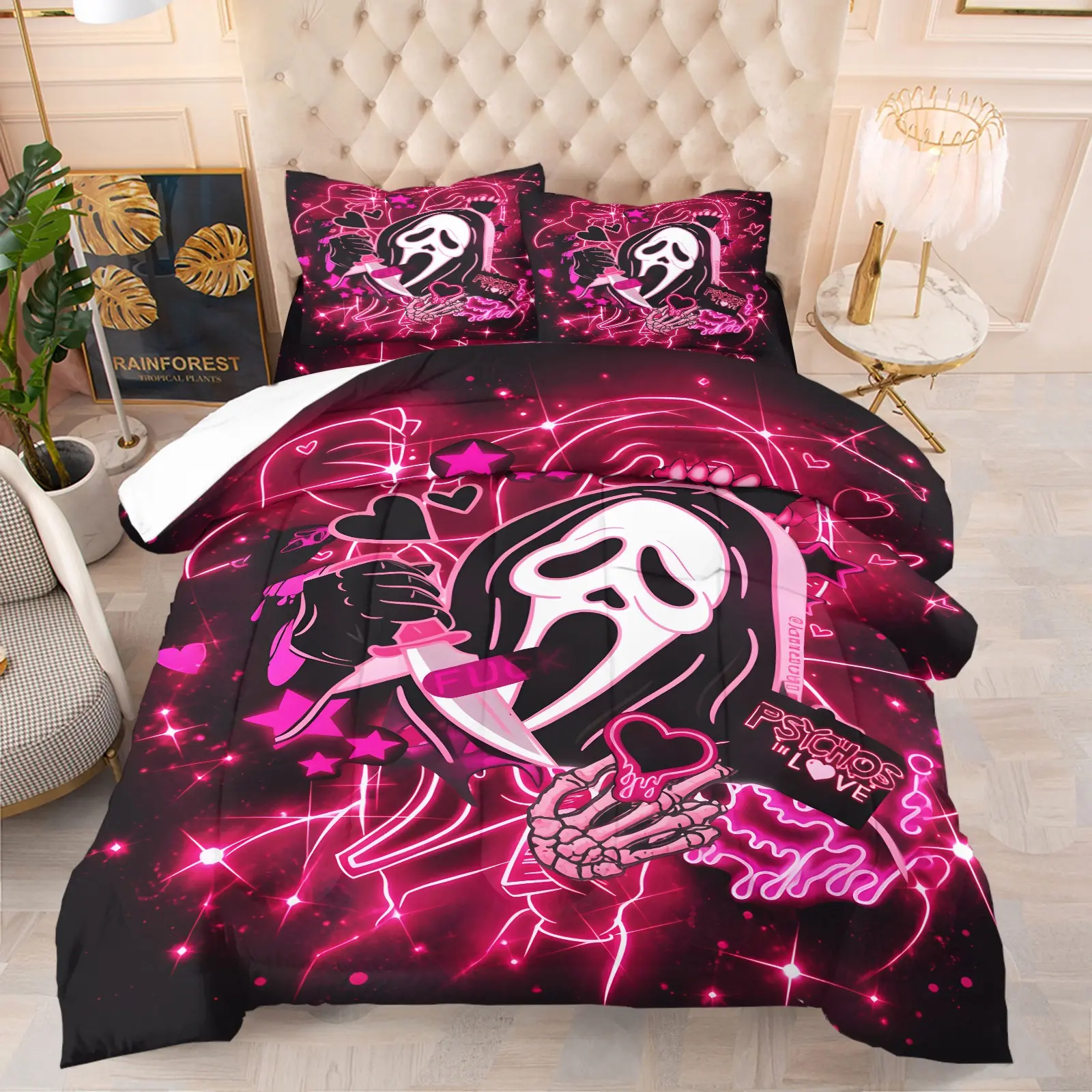 Halloween Pink Neon Ghostface Comfy Bedding Set, 1 Comforter +1‑2 Pillowcases, Soft Cozy Breathable Washable Microfiber Bedding, All‑Season Quilt, Glowing Pink Heart Skull Print, Spooky Girly‑Goth Bedroom Dorm Decor for Horror Fans
