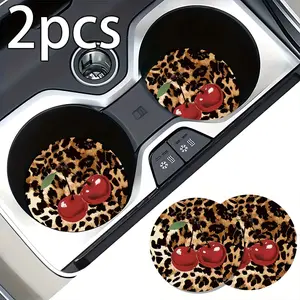 2pcs Cherry Design Car Coasters - Non-Slip Durable Cup Holders with Leopard Print & Red Cherries, Car Interior Accessories for SUV Truck, Car Interior Decoration - Perfect Gift for Car Owners, Travel Essentials, Playful Decor, Longlasting Material