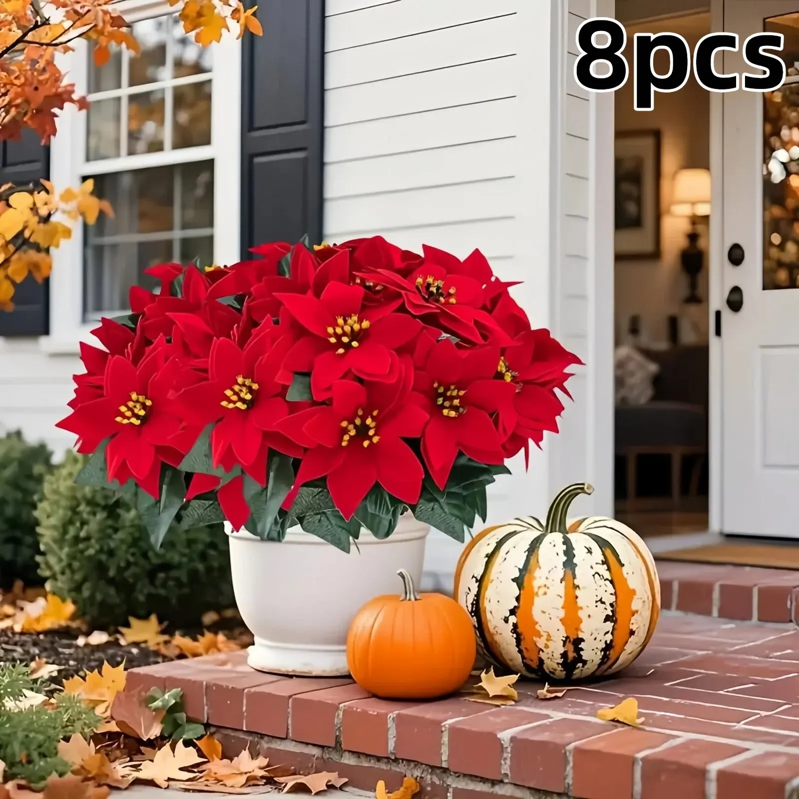 8pcs Realistic Poinsettia Flowers, 56 Blooms Christmas Tree & Home Decor, Indoor Outdoor Holiday Decoration, Durable Artificial Flowers