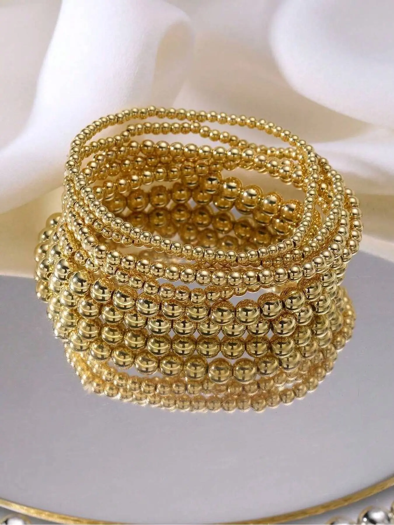 7pcs/Set Minimalist Gold Beaded Layered Bracelet Set, Stacking Bangles, Handmade Jewelry Bangle Suit, Suitable For Women's Daily Wear