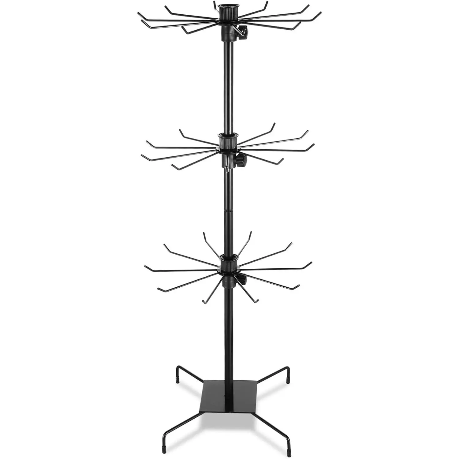 3 Tier 28.3 x 11.8 Inch Rotating Display Stand, Earring Display Rack, Black Metal Retail Display Stand with Hooks for Necklace, Bracelet, Earrings, and Keychains, Adjustable Height