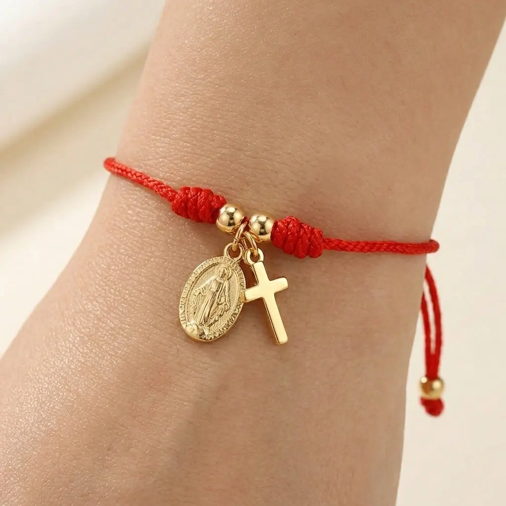 Women's Christian Cross Beaded Rope Bracelet - 1PCS Adjustable Red String Stainless Steel Jewelry, Faith-Based Wrist Accessory, Easter Baptism Gift for Women