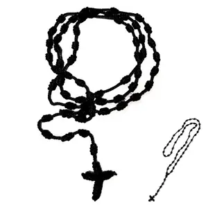 Handmade Knotted Rosary Cross Necklace, Adjustable Colorful Braided Cord Rope Long Pendant Necklace, Catholic Religion Lucky Protection Keepsake Jewelry for Women Men Daily Decor