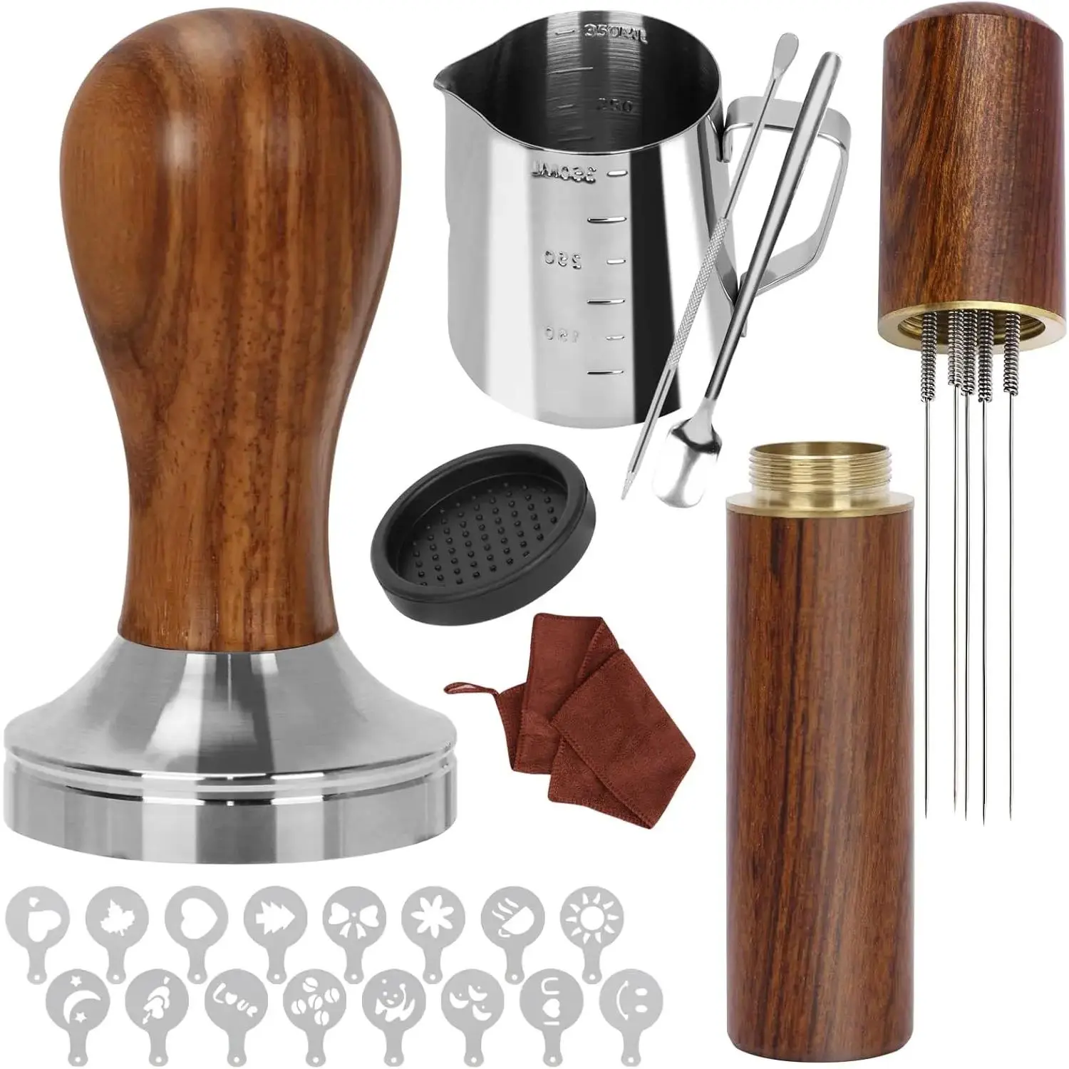 23 count Coffee Tamper Set, Espresso Accessories Kit Barista Kit, with Espresso Tamper 51mm, Coffee Stirrer, Frothing Pitcher, Tamper Mat, Latte Art Pen, Sandalwood Tamper for Espresso Machine