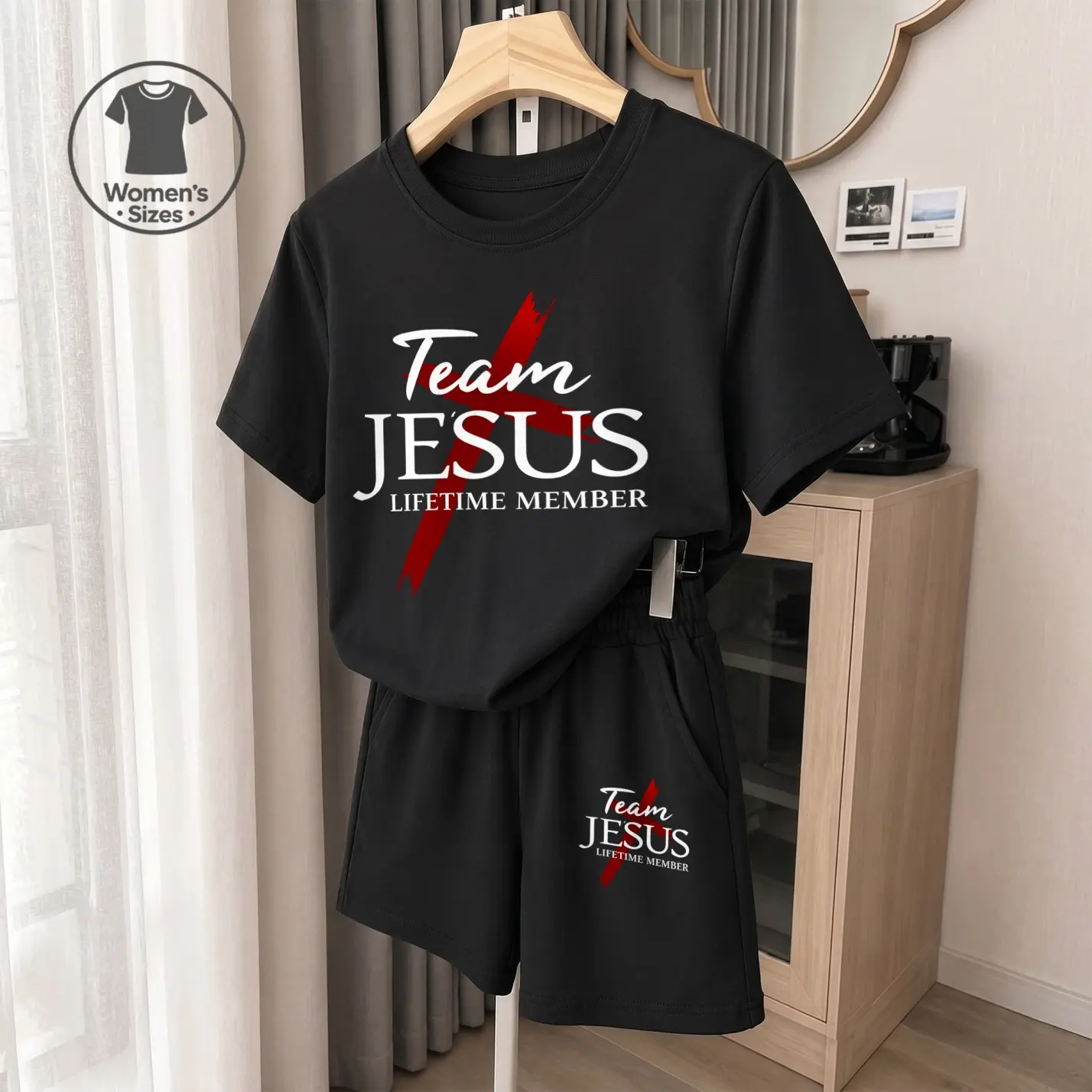 Women’s “Team Jesus” Graphic Print Casual 2-Piece Shorts Set, Short Sleeve T-Shirt and Drawstring Shorts Outfit, Comfortable Lounge Set for Beach, Vacation, Cruise, Travel, Daily Wear and Summer Casual Style