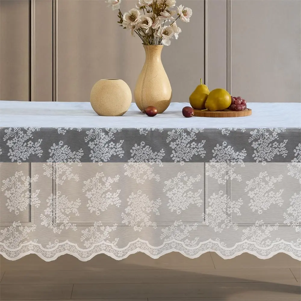 Jolene Floral Lace Tablecloth, Rectangle, 60x104 Inch, White| Wrinkle Resistant, Scalloped Tablecloth,Table Cover, Great for Weddings, Baby Shower and Parties