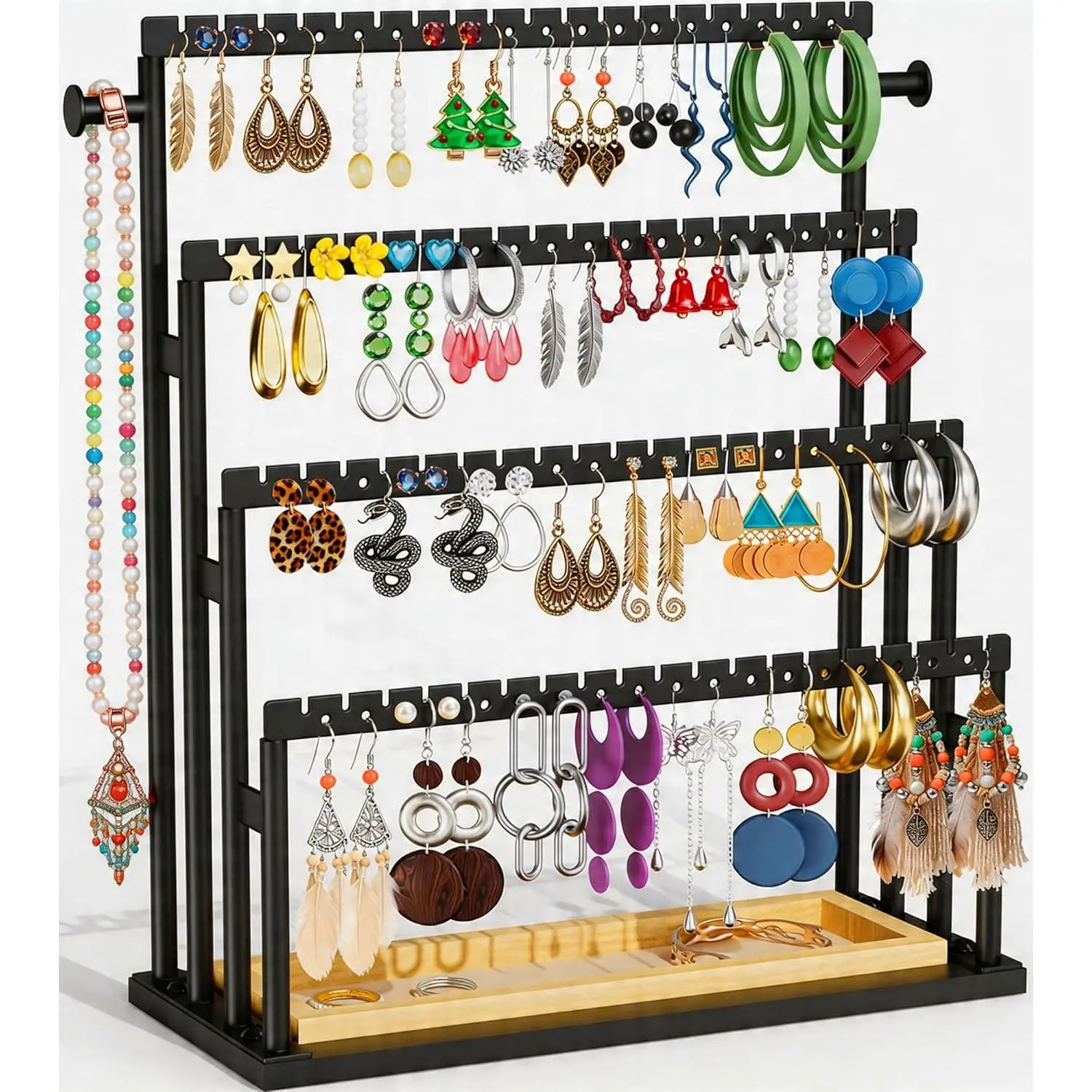 Earring Holder Organizer, 4-Tier Metal  Display Stand with Wooden Storage Organizer, Large Earring Holder for Studs, Hoops, and Dangles, Modern  Organizer for Women