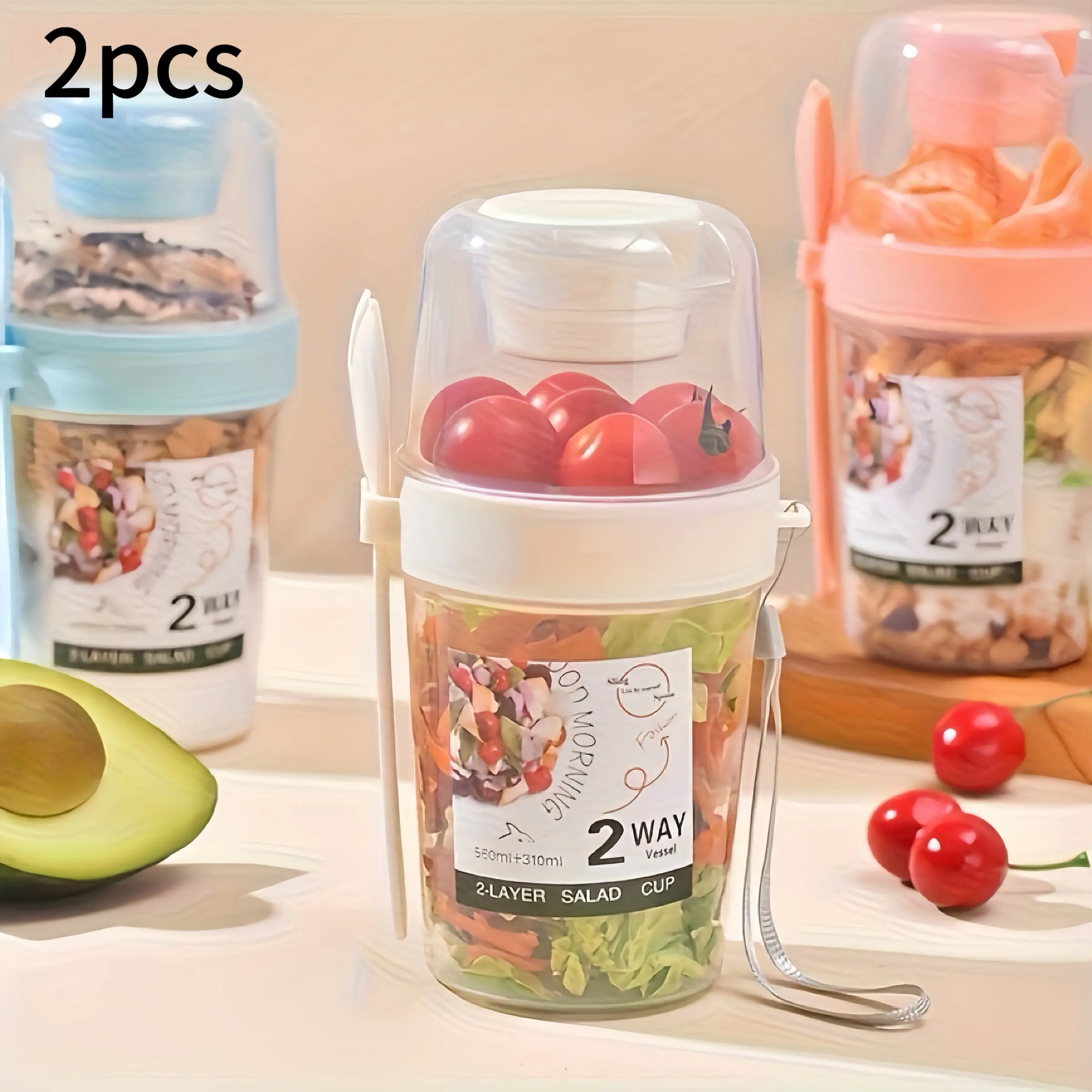 Portable Salad Shaker Cup with Fork and Sauce Separator, Milk Whipper, Oatmeal Cup, Vegetable Salad Storage, Multi-Color, Daily and Festival Use, Reusable Food Container