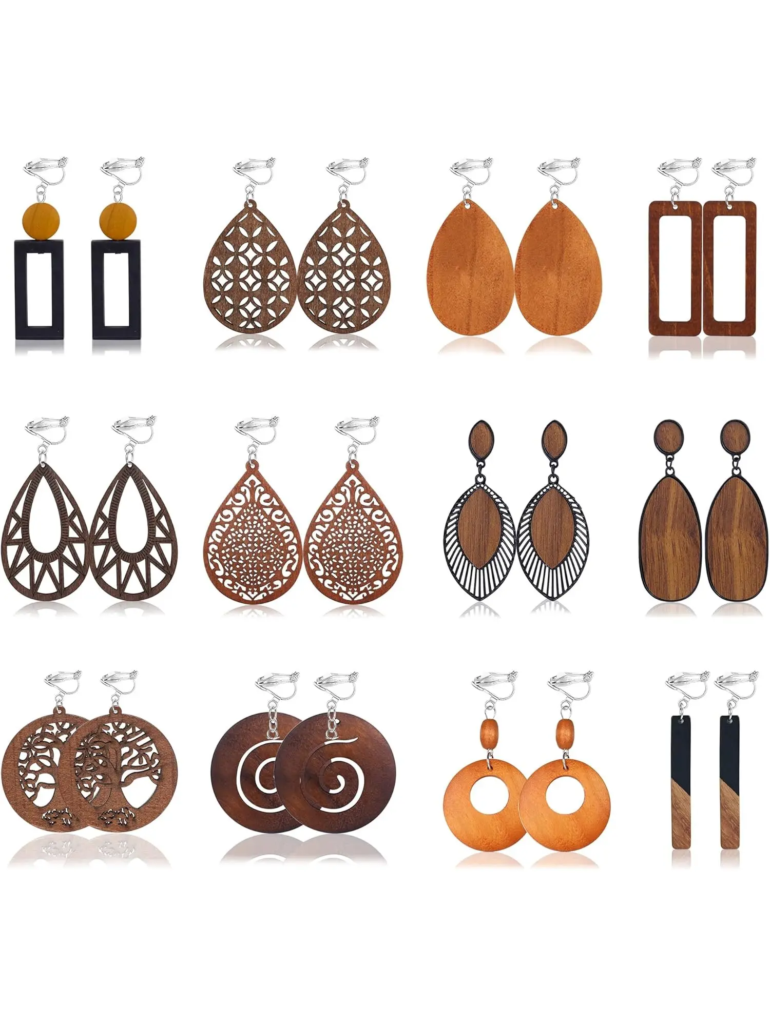 12 Pairs Wooden Clip on Earrings for Women African Natural Wood Earrings Bohemian Boho Earrings Lightweight Drop Dangle Earrings Set Ethnic Statement African Jewelry Stud Earring Pack