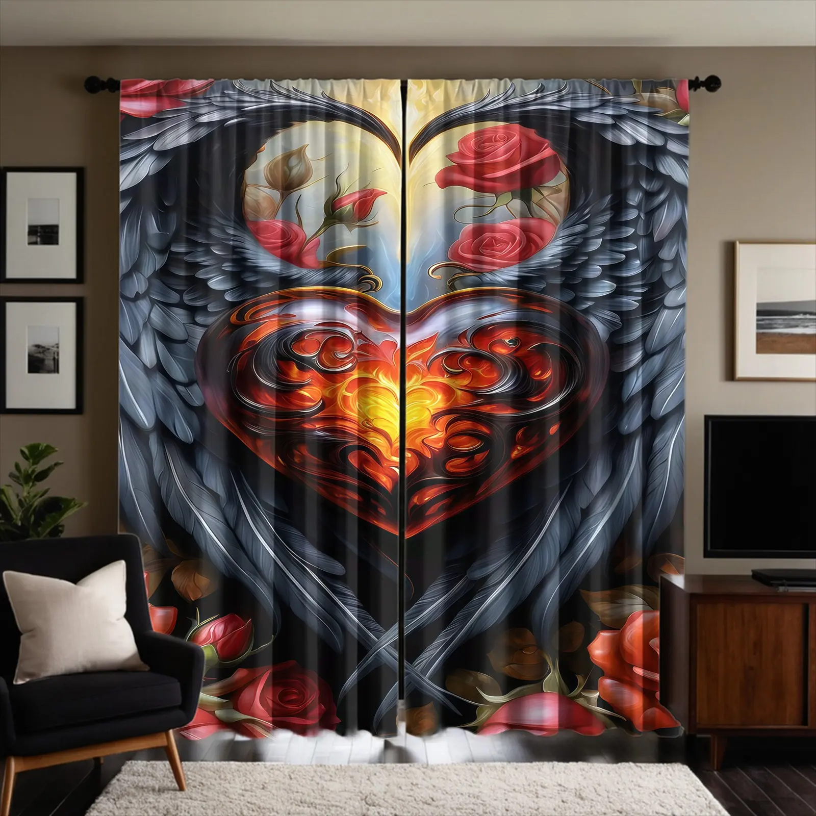 Gothic Heart Wings Fuzzy Fabric Curtains, Semi-Sheer, Two-Piece Set, Suitable for Bedroom and Living Room, Multiple Sizes Available