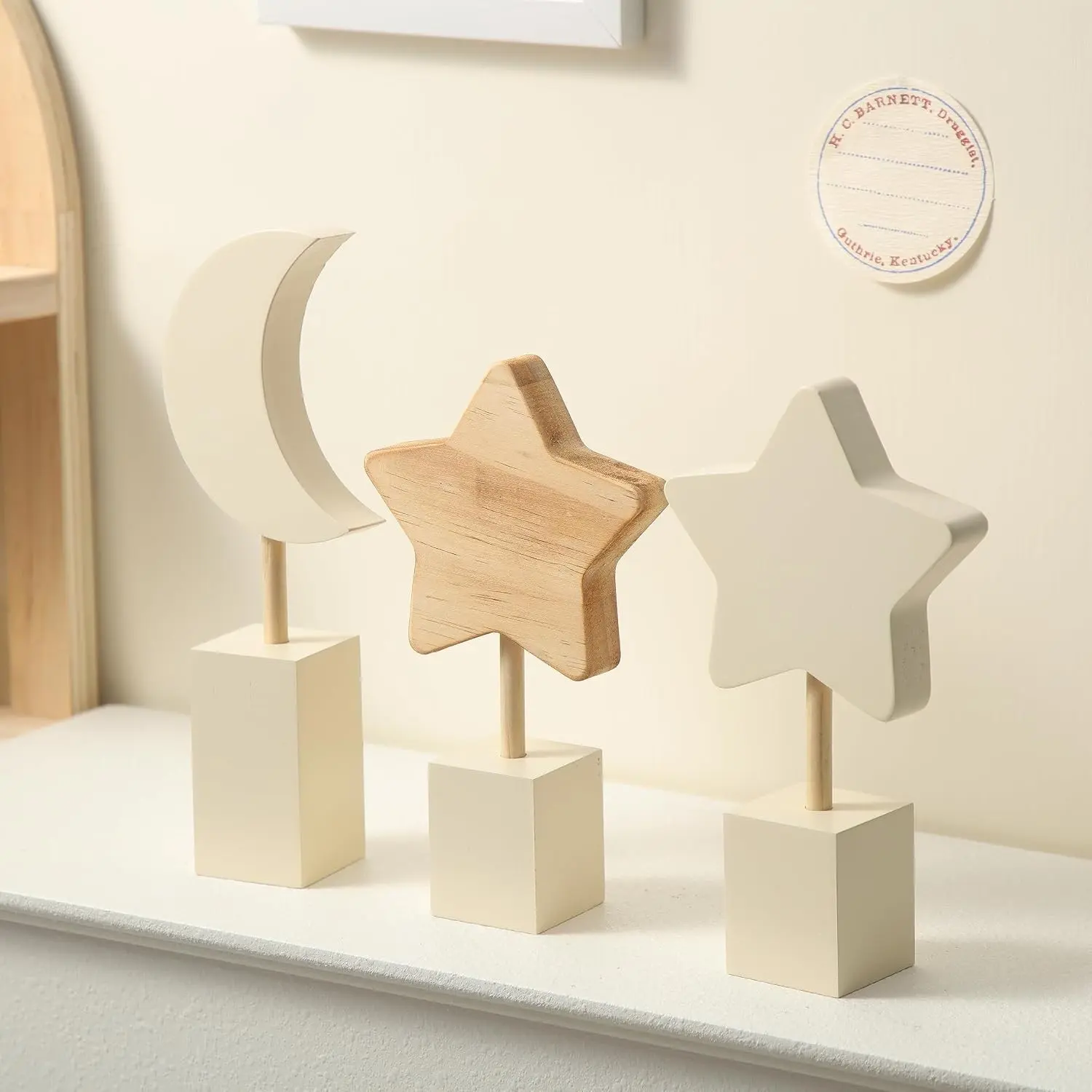 3 Pcs Wooden Moon and Star Nursery Shelf Decor Set, Boho Bohemian Cute Kids Room Decoration for Boys Girls, Farmhouse Bedroom Kindergarten Classroom Playroom Bookshelf(Gift)
