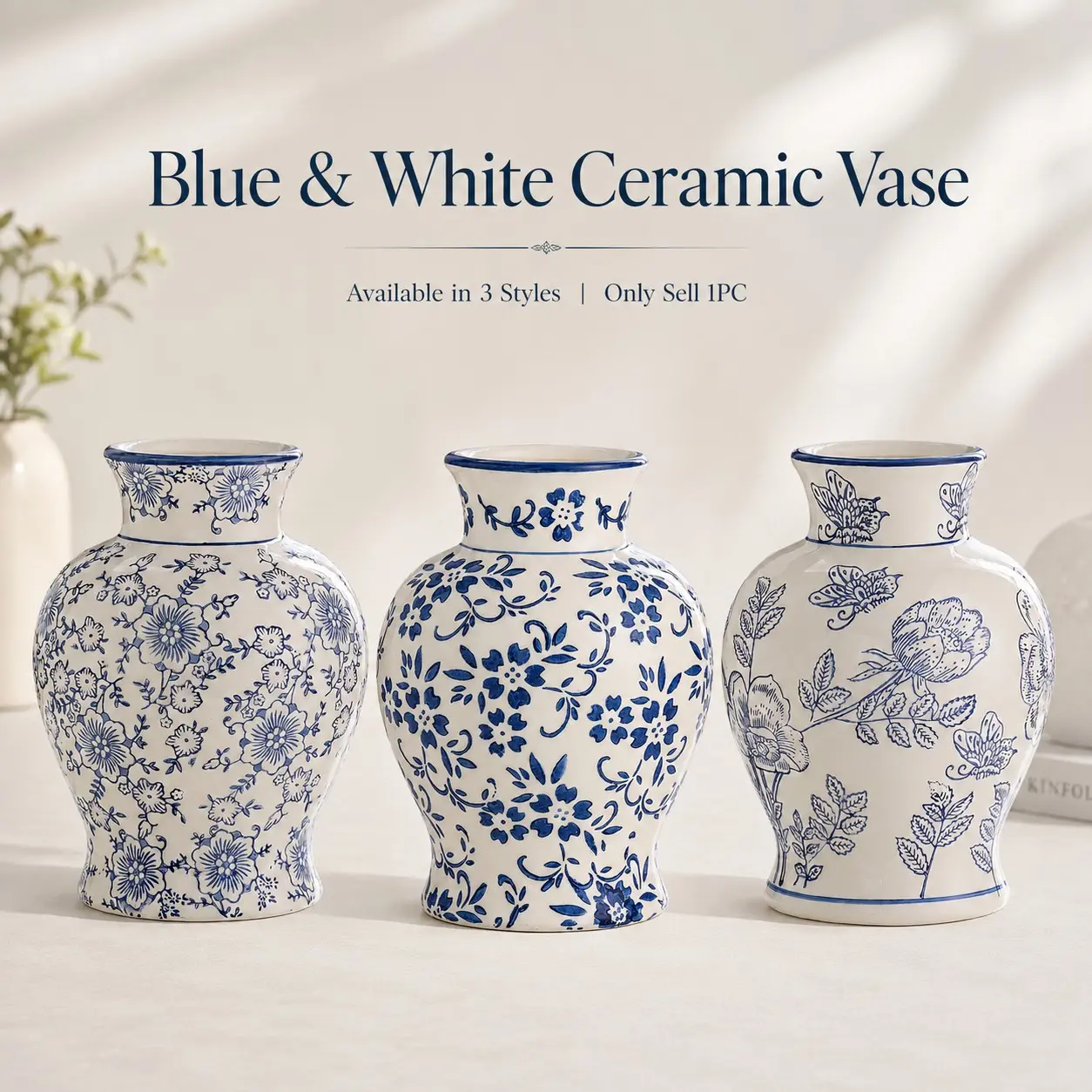 Blue and Ceramic Vase, Waterproof Decorative Flower Pot, Floral Texture Porcelain Vase, Chinese Style Ceramic Ornament, Living Room Bedroom Desk Home Decoration, Flower Vases