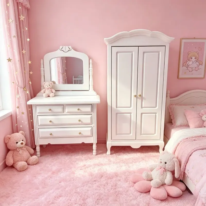 2Pcs 1:12 Scale Wooden Wardrobe and Wooden Vanity with Mirror for Dollhouse Doll House Furniture Doll House Accessory - Cute Collectible Doll Storage Ideal Holiday Decor Christmas Easter New Year Gift
