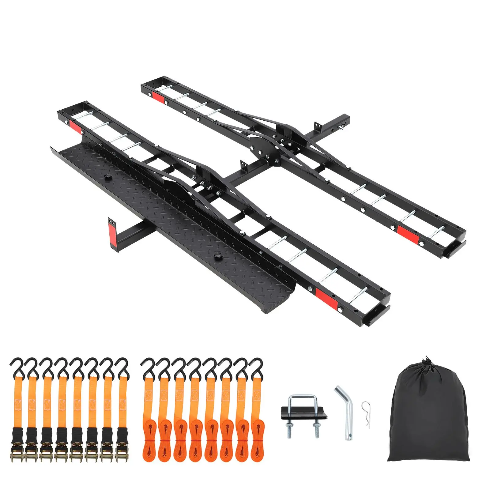 【GAOMON】Heavy-Duty Steel Motorcycle Hitch Carrier, 600 lbs cap. E-Bike Hauler for 2" Receiver, Fat Tire Bikes & Scooters, with Loading Ramp, Load Support Straps & Stabilizers, Includes Straps