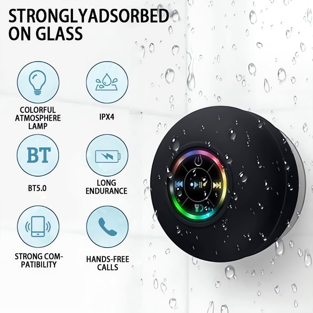 Suction Cup Waterproof Bluetooth Speaker LED Light IPX4 Waterproof Bathroom Bluetooth Speaker Black Audio
