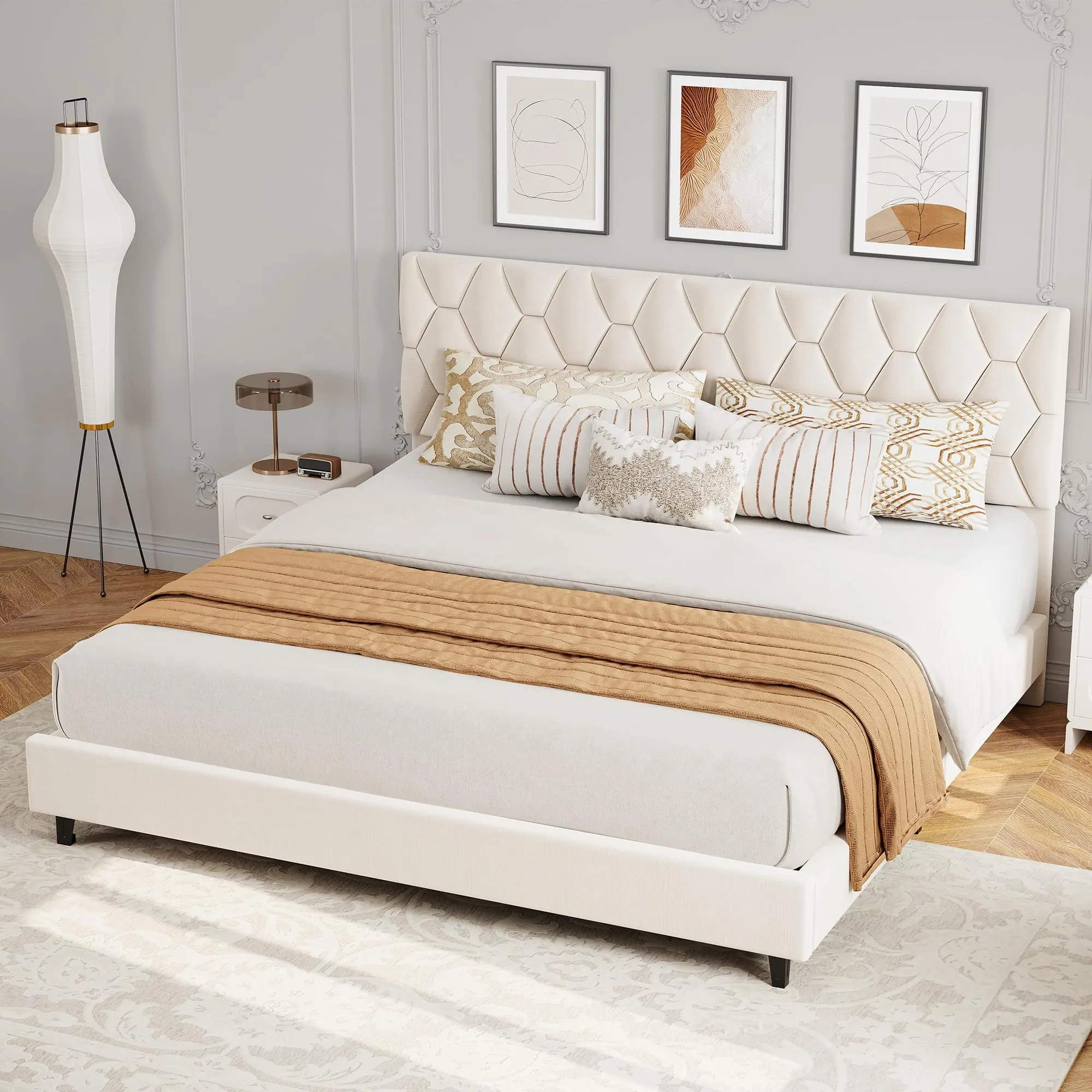 Garvee Upholstered Bed Frame with Headboard - Sturdy Wood Slats - Noise-Free Platform - No Box Spring Needed - Easy Assembly - Modern Bedroom Furniture for Kids, Teens, Adults - Sizes: Twin, Full, Colors: Beige/Grey