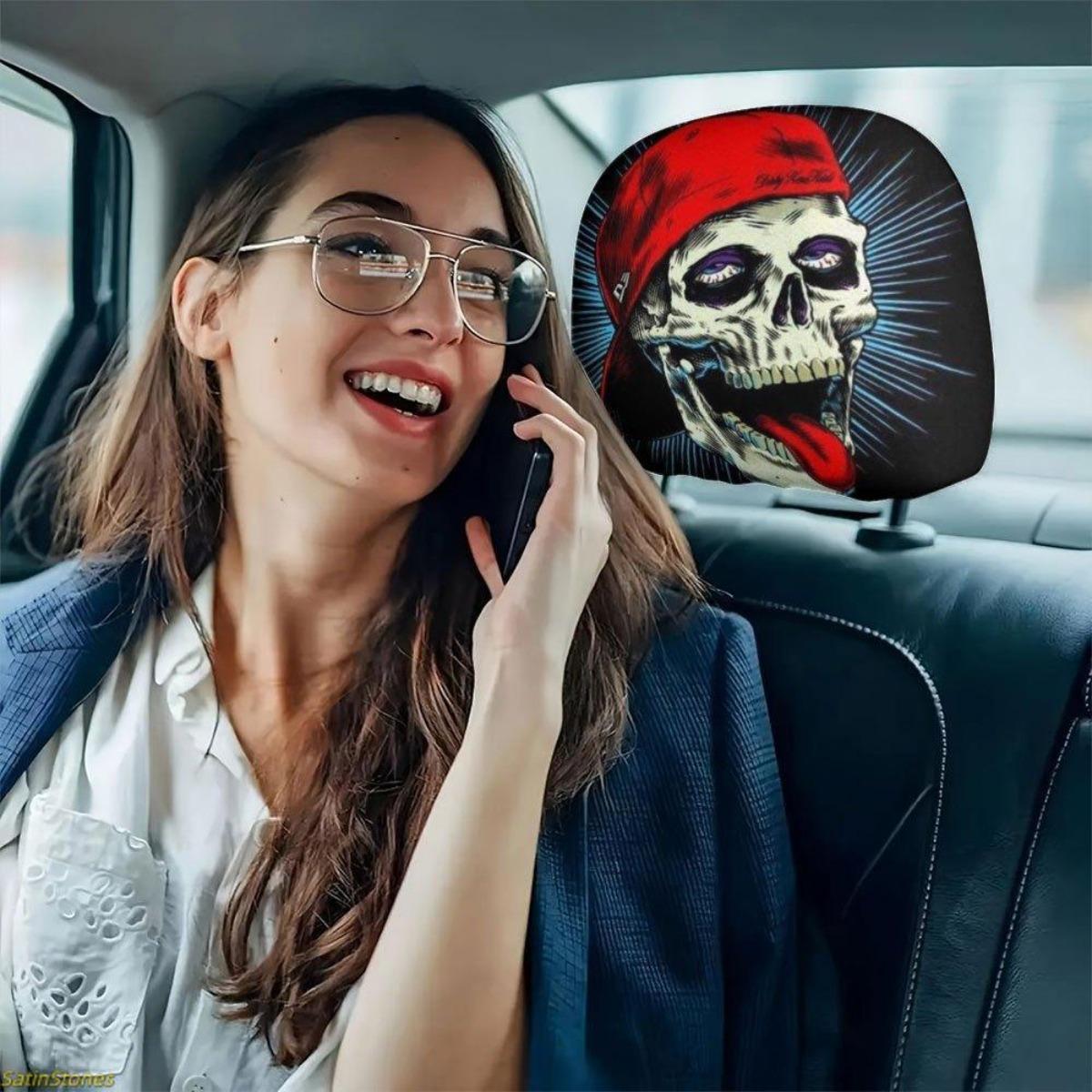 2 Pack Hip Hop Skull Print Car Headrest Covers, Universal Fit, Easy Installation, Long Drive Neck Comfort Protector Car Accessories