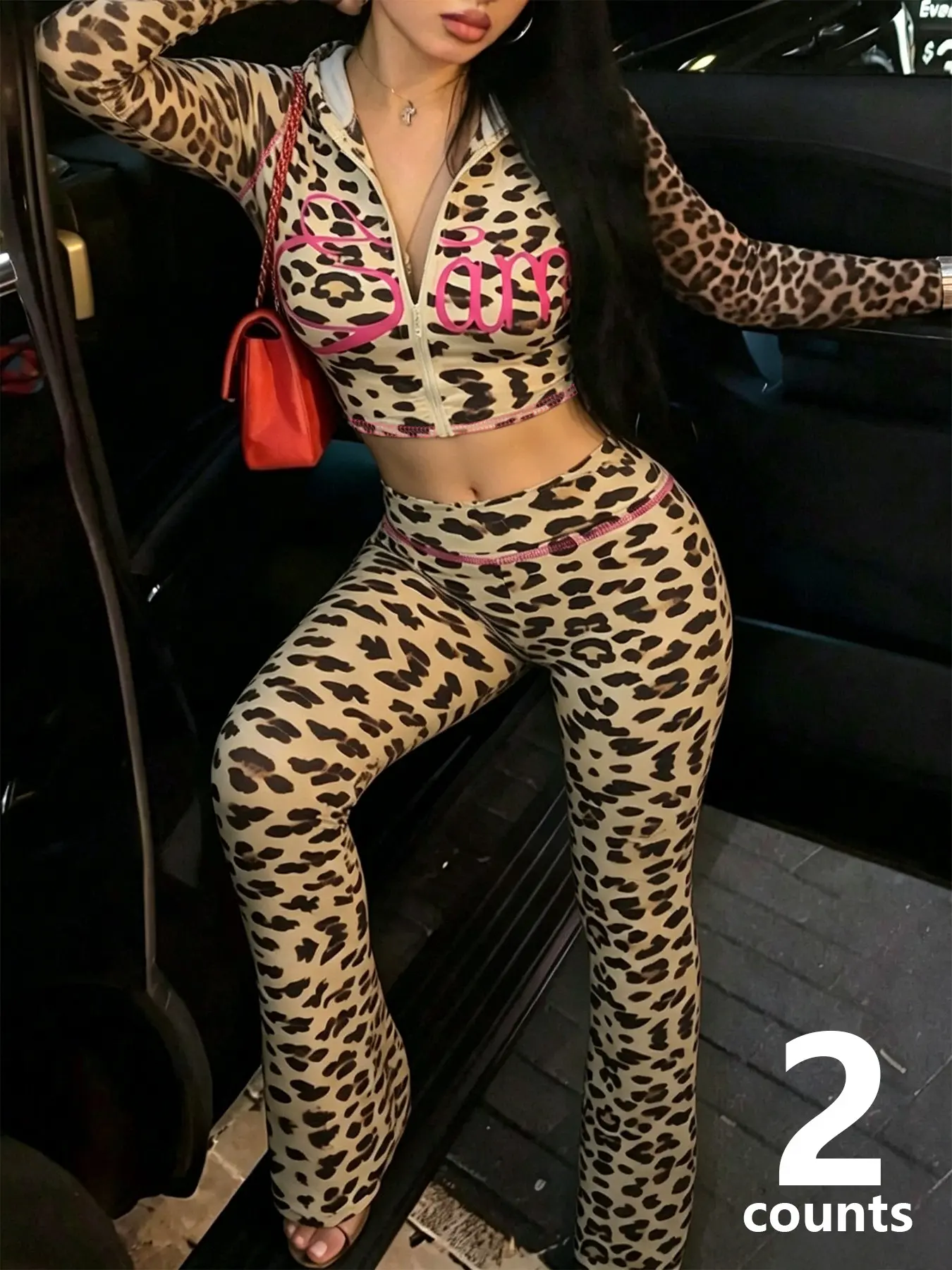 Two-piece Women's Leopard Print Matching Clothing Set, Long Sleeve Hooded Cropped Zip Jacket & High Waist Flare Leg Pants, Soft Stretchy Tracksuit, Y2K Hip Hop Style, Suitable For Party And Daily Wear, Clothes
