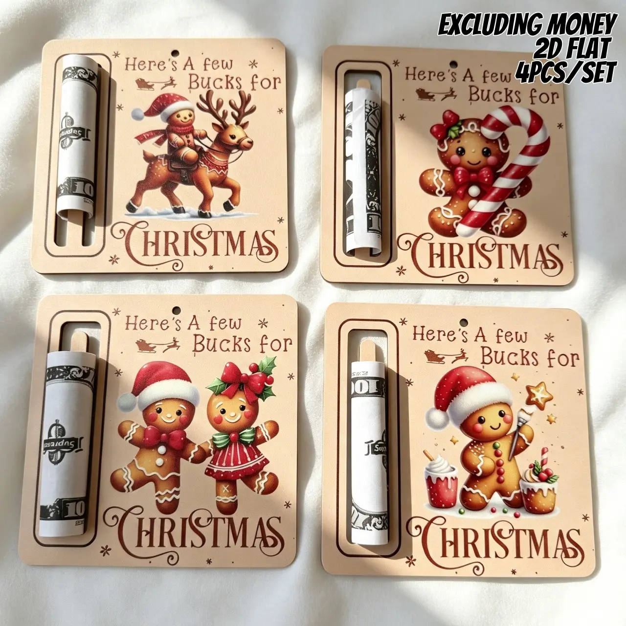 Wooden Money Holder Set - 4-Piece 2D Flat Christmas Cash Wallets for Holiday Gifts - Creative Christmas Surprise Gift for Sons & Daughters - Featuring Santa, Reindeer, & Snowman Elements - Perfect for Christmas Stocking Stuffers & Festive Decorations