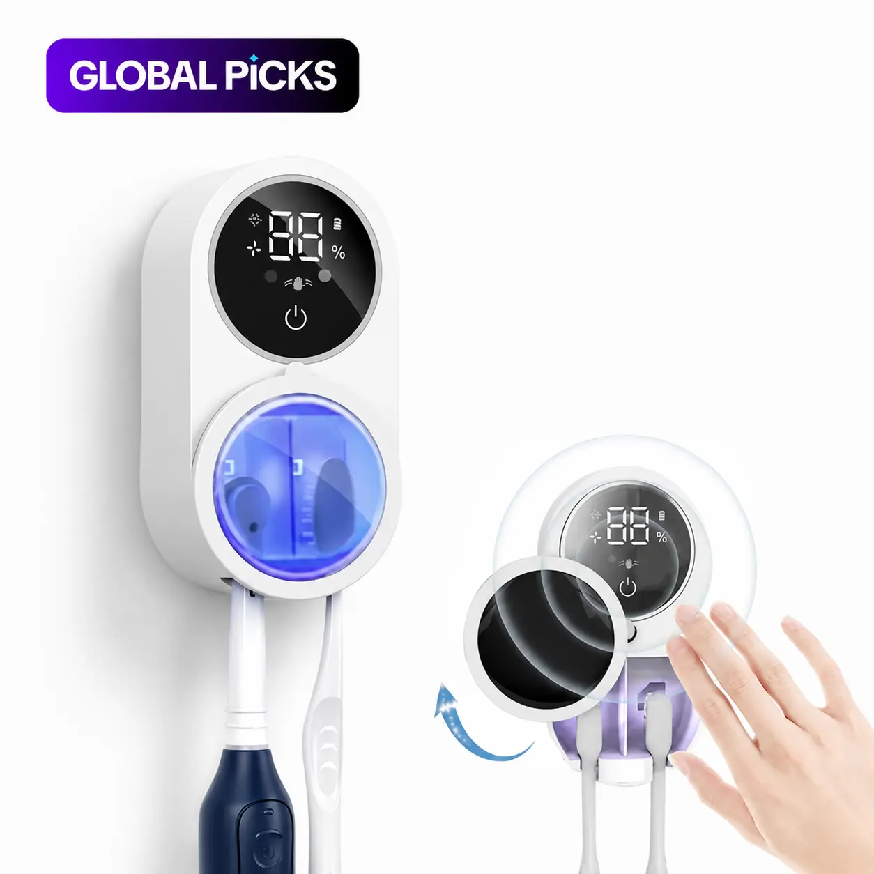 UV-C Light Sanitizing Wall-Mount Toothbrush Holder, Compact & Lightweight Durable ABS Bathroom Accessory with USB Charging Stand, Auto Sense, Rechargeable LED Screen, Automatic Dispenser, Portable for Travelers, Sanitizes Brushes