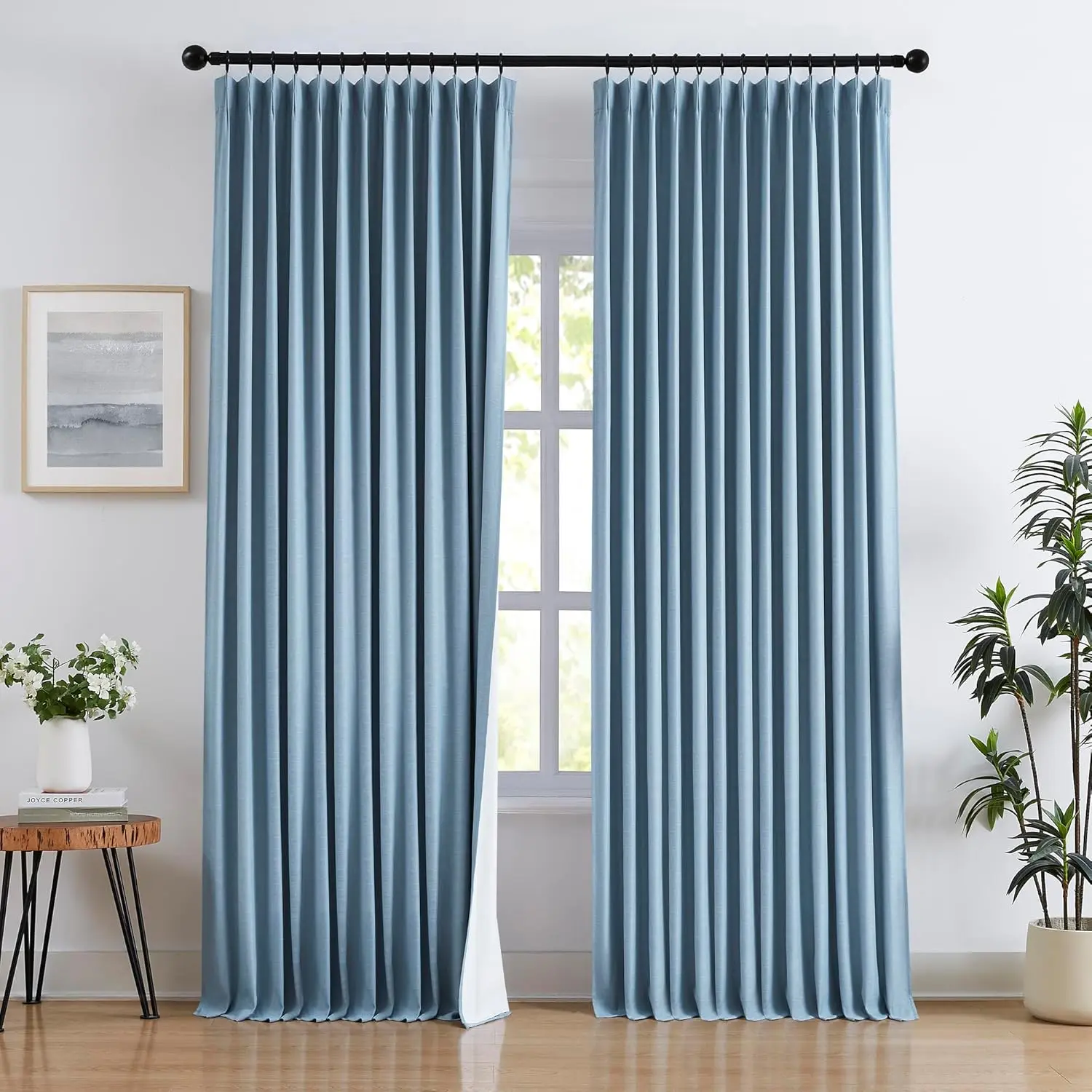 Pinch Pleated Curtains Blue 84 Inch Length Flax Linen Full Blackout Curtains for Living Room, 2 Layers Thermal Insulated Drapes for Bedroom with Back Tab 2 Panels 40"W x 84"L