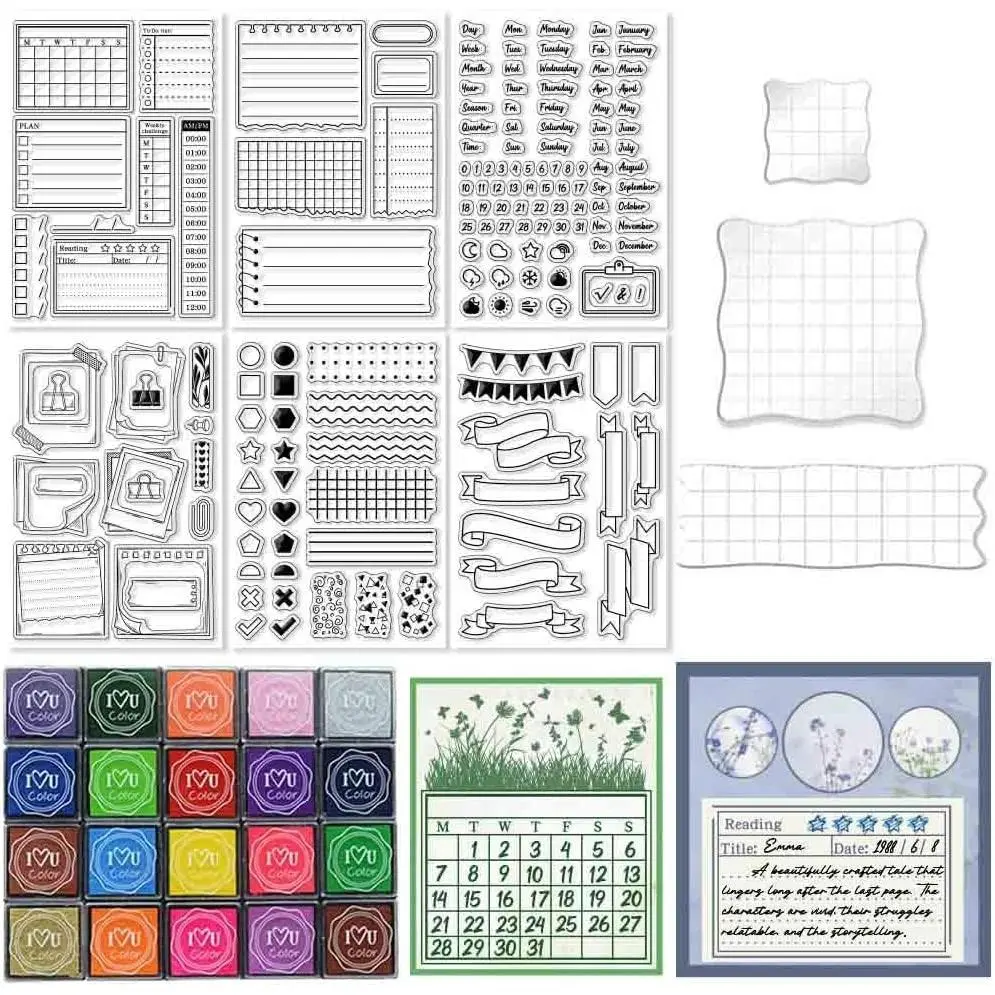 29 Pcs Journal Stamps for Crafting Card Making Supplies Set Include 3 Acrylic Clear Stamp Blocks, 6 Clear Silicone Stamps Seals, 20 Craft Ink Pads Calendar Planner Stamp for DIY