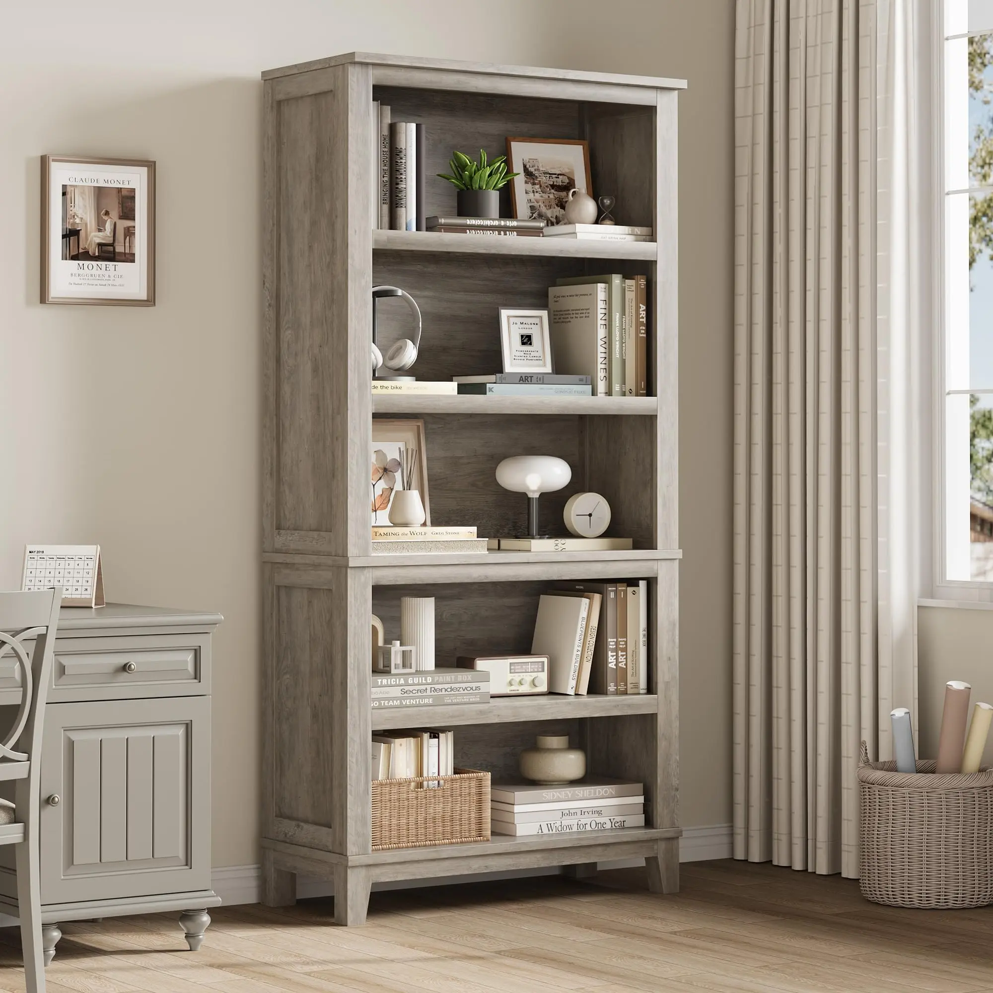 Gaomon 5-Tier Heavy-Duty MDF+Wood Single Unit Bookcase, Rustic Vintage Farmhouse Etagere with Stable Frame, Easy-Assemble Walnut-White Cabinet for Home Office Book Storage
