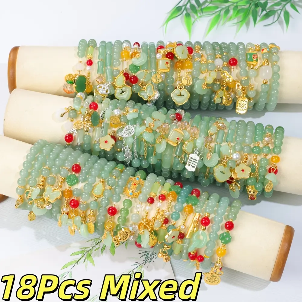 Women's 18Pcs Casual Stylish Green Glass Elastic Charm Bracelets Set - with Butterfly, Flower, Peanut Charms, Ideal for Daily Wear, Anniversary Gift-Giving