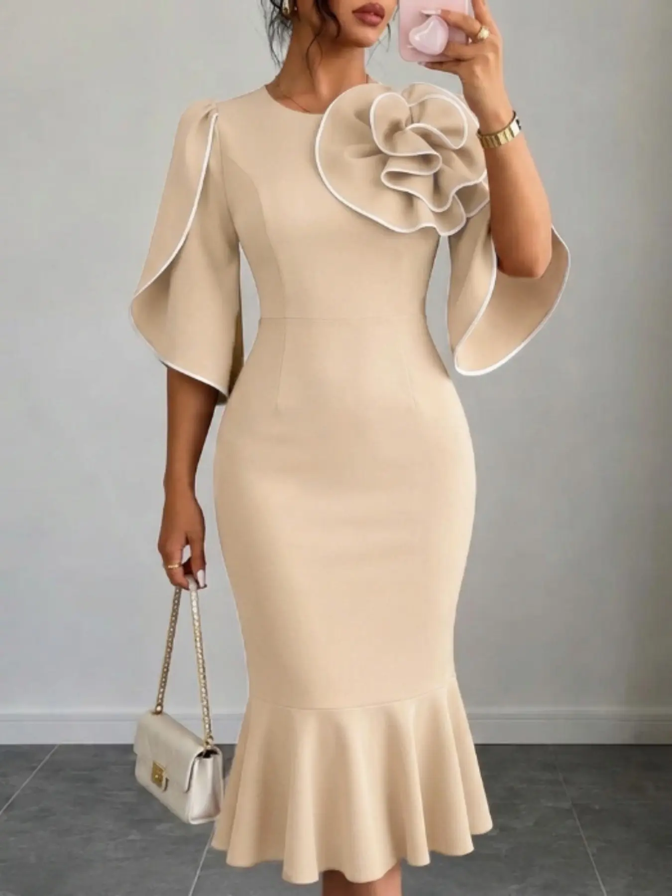 Women's Elegant 3D Floral Midi Dress, Ruffled Hem, Bodycon Fit, Natural Waist, Perfect for Evening Parties, Weddings, Formal Events
