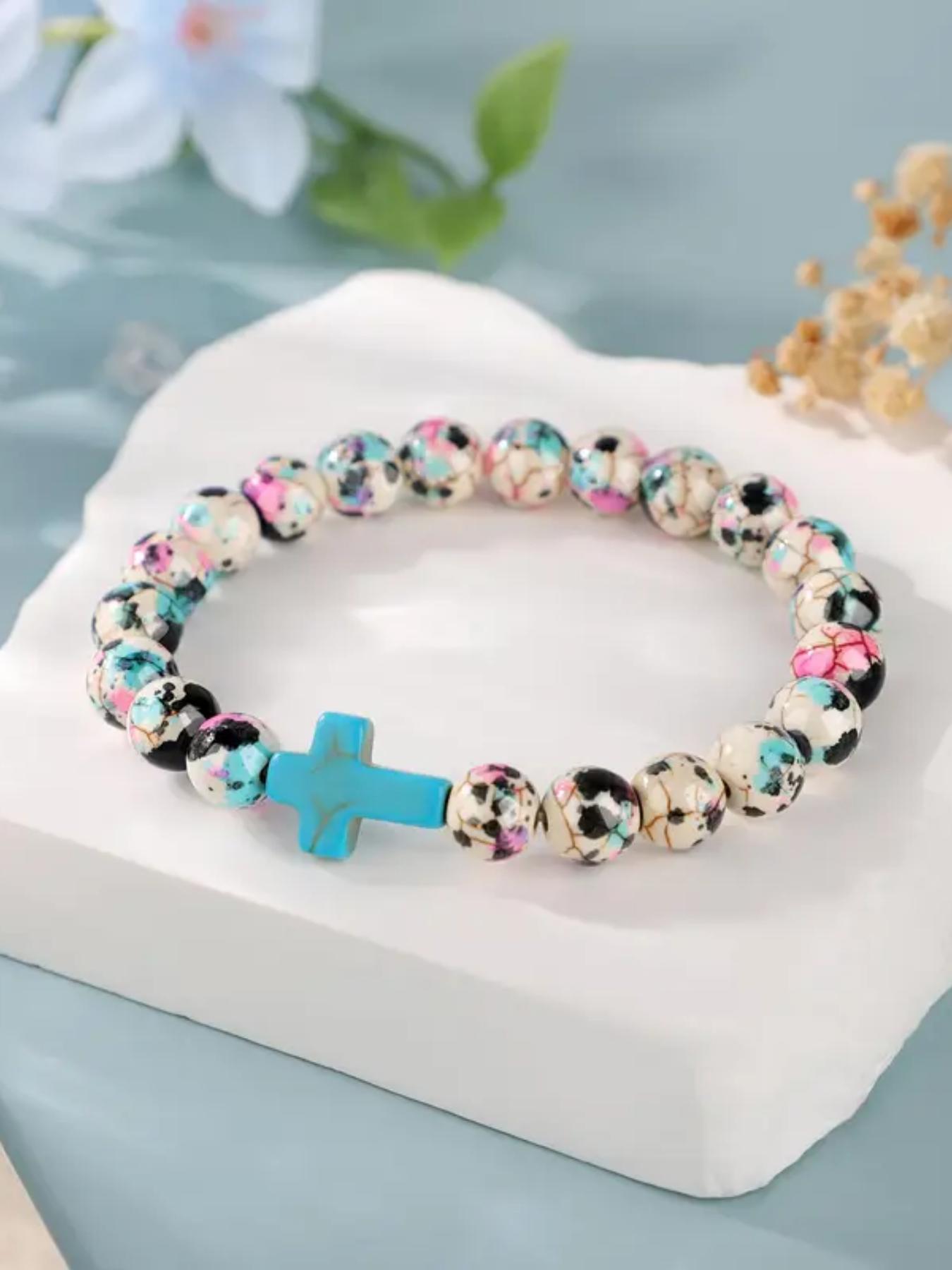 Boho Style Cross Charm Beaded Bracelet, Fashionable Elastic Beaded Bracelet for Women & Girls, Trendy All-match & Exquisite for Birthday Gift, Bohemian Bracelets, Cross Charm Bangle