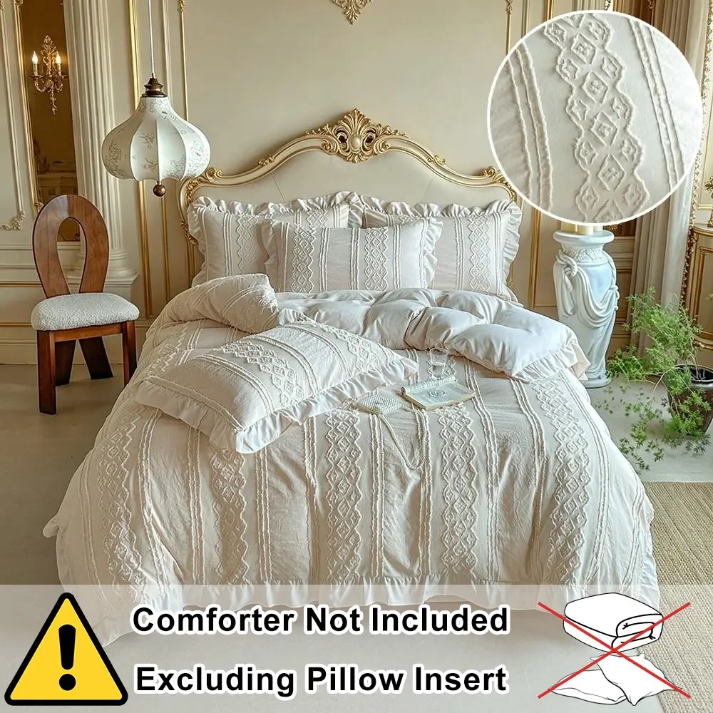 French Vintage Cream Bedding Set, 2/3 Count Quilt Cover Set, Duvet Cover Set, Elegant Jacquard + Romantic Ruffle Design, Soft Cotton, Perfect Gift, Ruffled Bedding Set